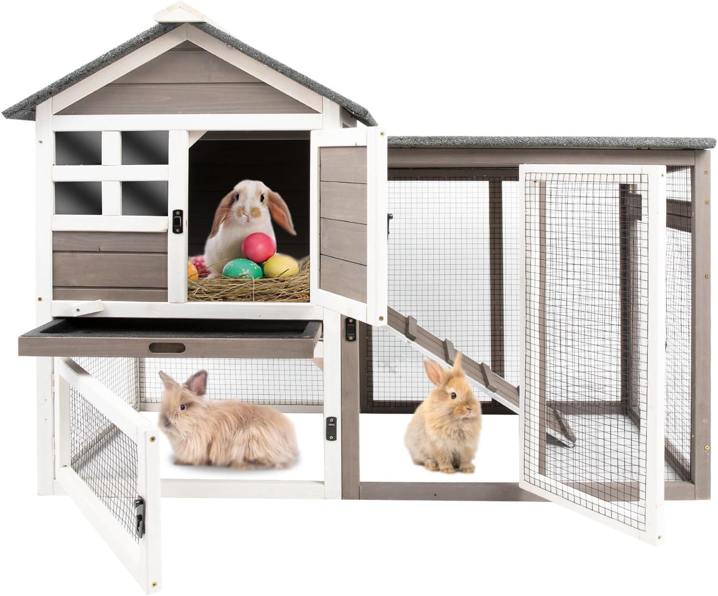 Rabbit Hutch-Indoor Outdoor Rabbit Hutch with Pull Out Tray Large Rabbit Hutch FirWood Bunny Hutch Indoor Guinea Pig Cages Waterproof Asphalt Roof, GREYWHITE, RAB HUTCH#17 (RAB17)