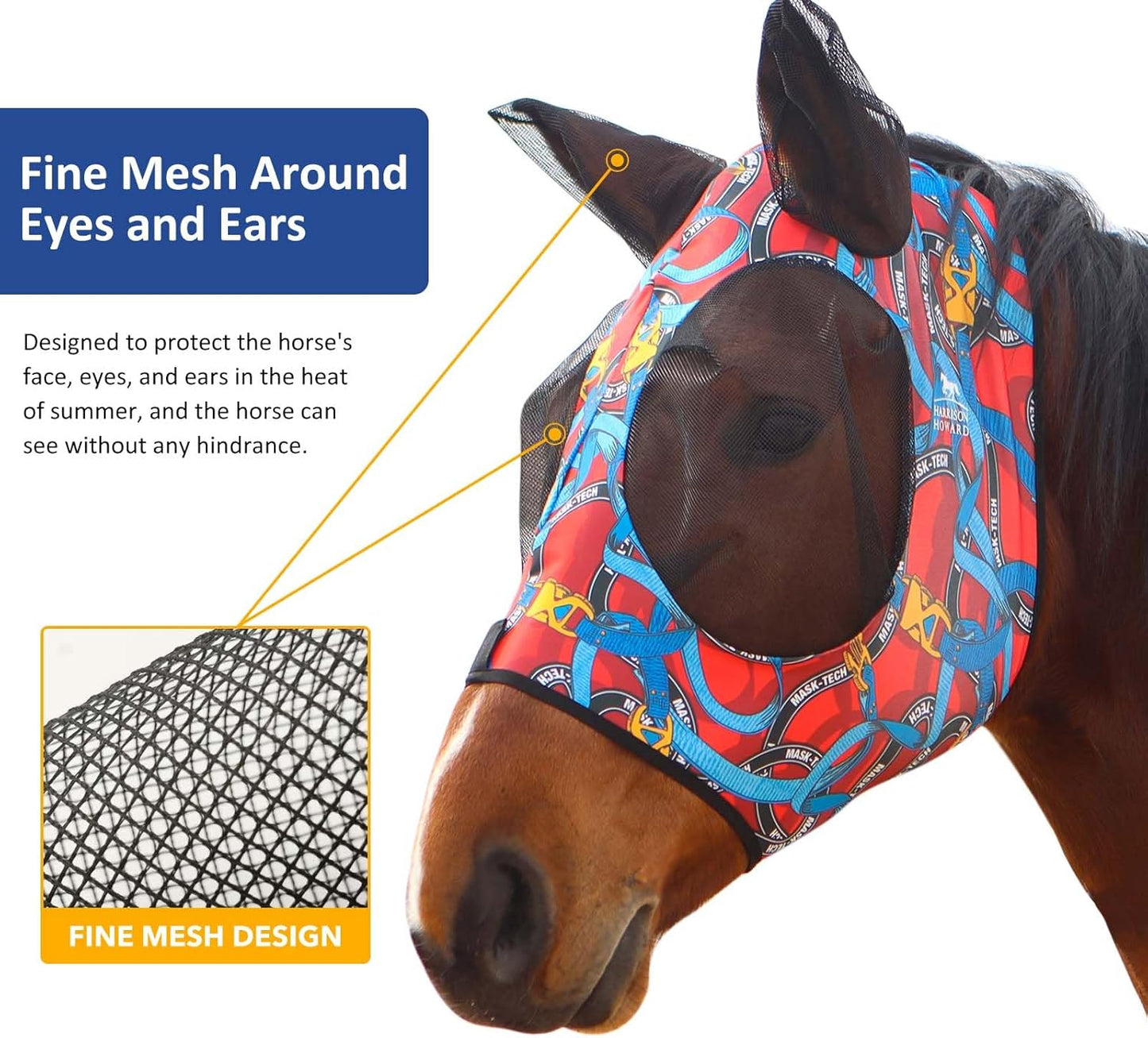 Harrison Howard Super Comfort Stretchy Fitting Horse Fly Mask with UV Protection Soft on Skin with Breathability Knitted Printing Large