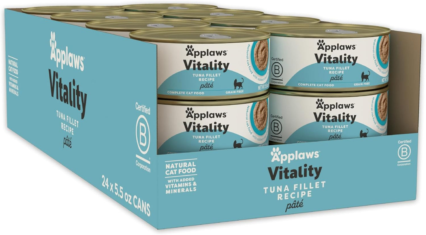 Applaws Vitality Wet Cat Food Paté, Natural Canned Cat Food, Wet Food for Cats with Added Vitamins and Minerals, Grain Free, Carrageenan Free, Tuna Fillet (24 Count, 5.5oz Cans)