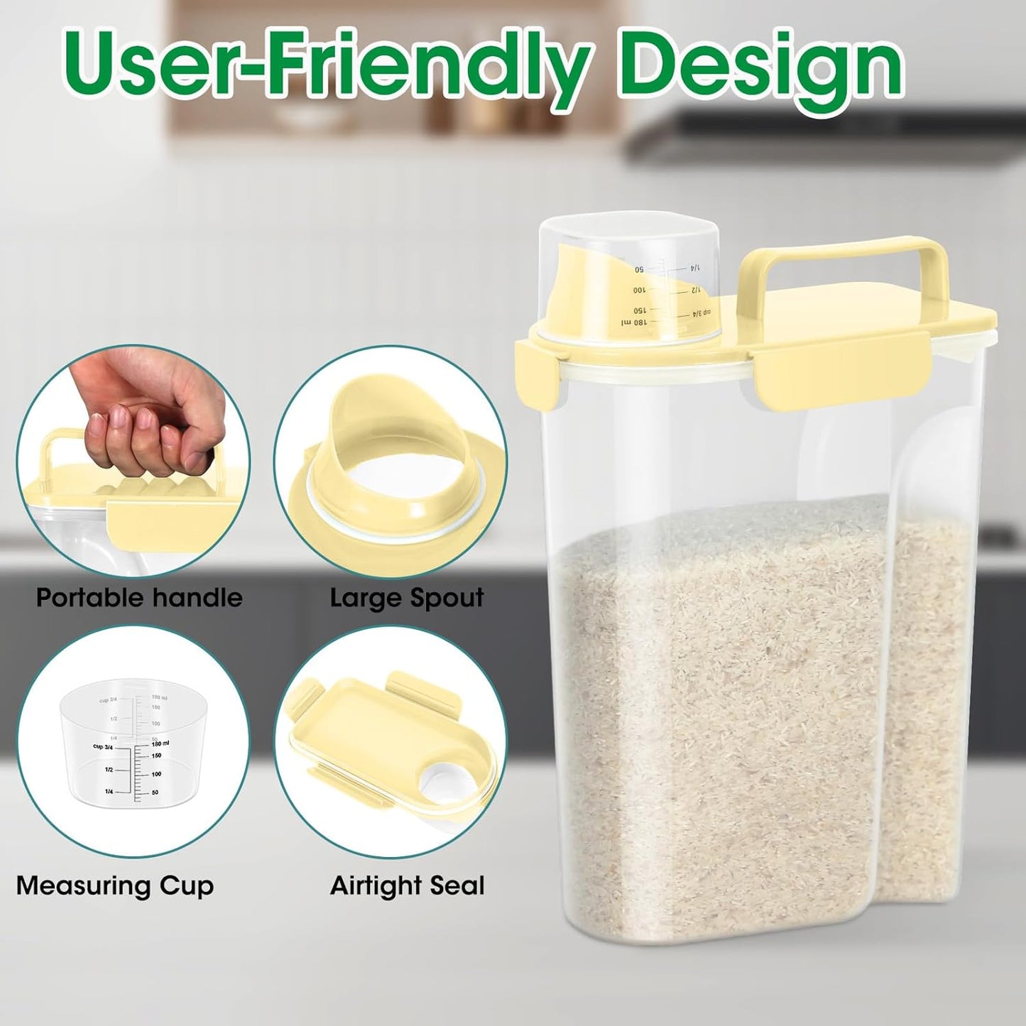 TBMax Airtight Rice Container 10 Lbs, Cereal Dispenser, Travel Pet Cat Dog Food Storage Container, Plastic Kitchen Pantry Food Storage Holder with Cup -Light Yellow