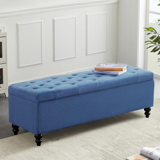 Ottoman with Storage,50.2-inch Upholstered End of Bed Storage Bench for Bedroom,for The Living Room,for Entryway, with Button and Safety Hinges,Detachable (Blue)