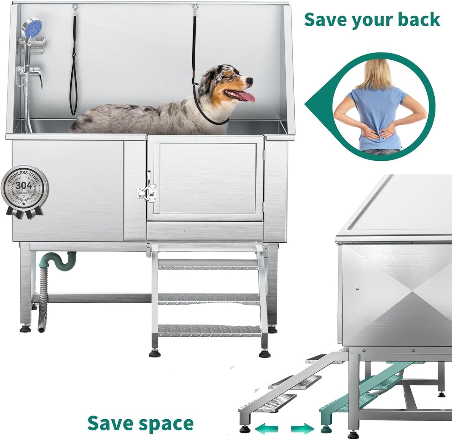 YITAHOME Professional Dog Bathtub 50in, Stainless Steel 304 Pet Grooming Station with Right Door & Floor Grate, Ideal for Large to Small Pets, Indoor & Outdoor Use