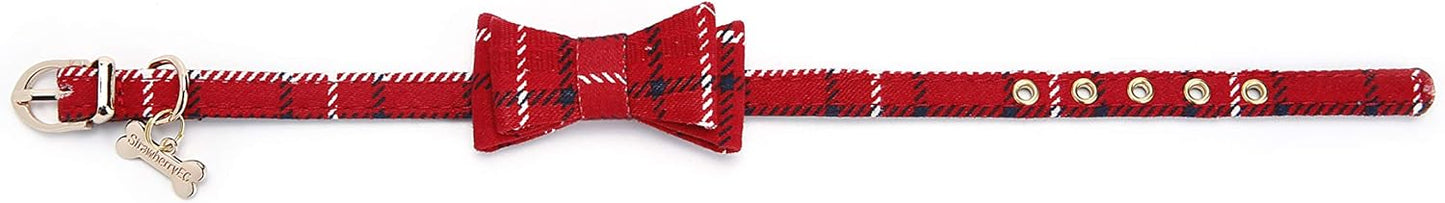 Puppy Collars for Small Dogs - StrawberryEC Adjustable Puppy Id Buckle Collar Leather. Cute Plaid Bandana Dog Collar (Bow-Red Grid)