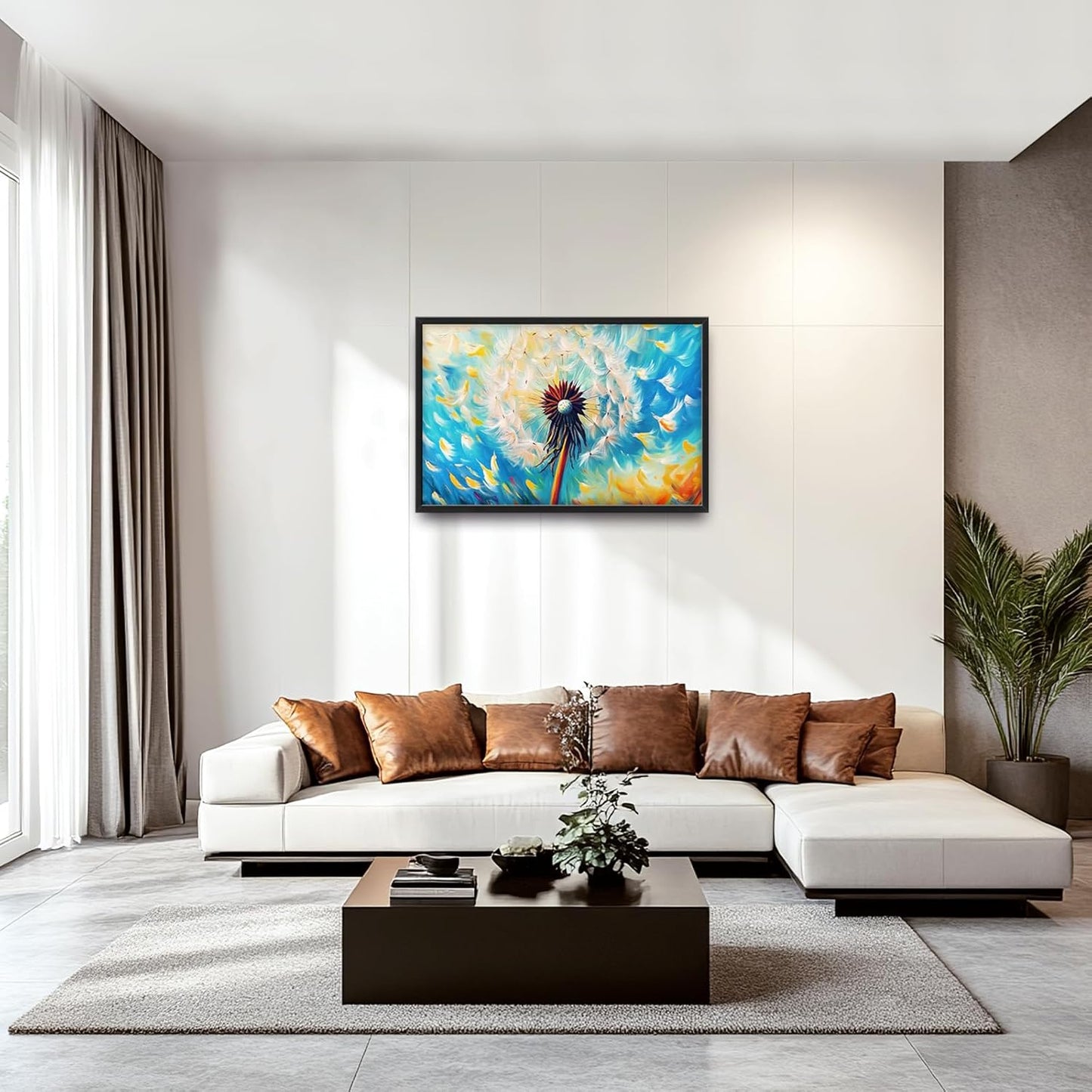 Extra Large Abstract Dandelion Framed Wall Art for Living Room,Oversized Colorful Dandelion Flower Pictures Wall Decor,Blue Canvas Print Painting Modern Artwork Bedroom Office Bathroom 36L" x 24W"