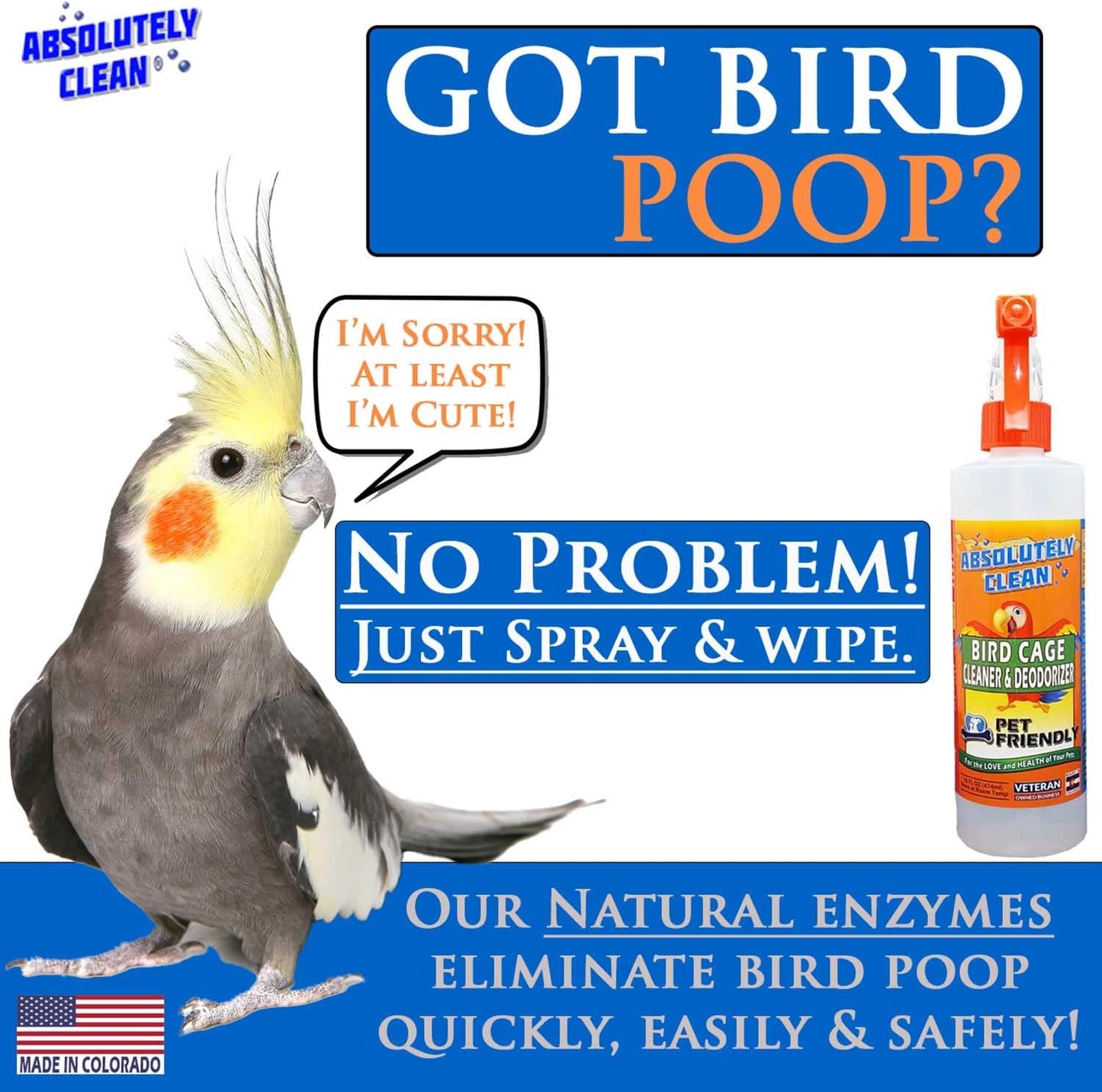 Absolutely Clean Amazing Bird Cage Cleaner and Deodorizer - Just Spray/Wipe - Safely & Easily Removes Bird Messes Quickly and Easily - Made in The US - Fragrance Free - 128oz Gallon