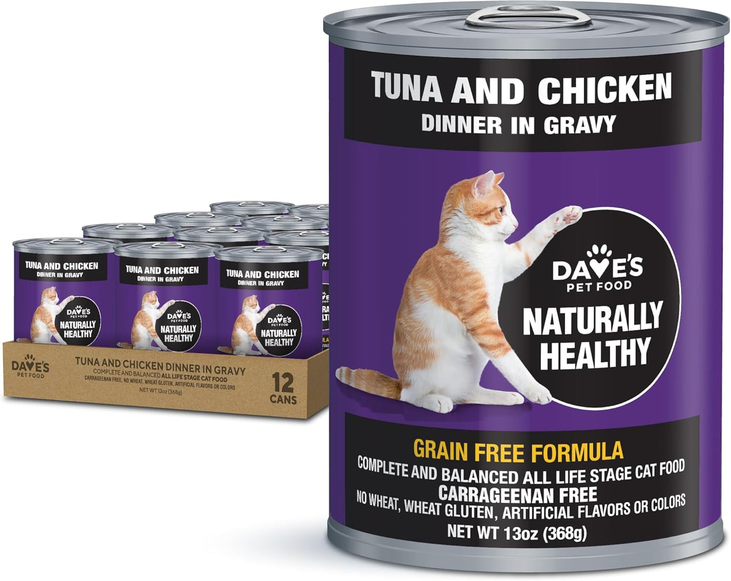 Dave's Pet Food Grain Free Wet Cat Food (Tuna & Chicken Dinner in Gravy), Naturally Healthy Canned, Added Vitamins & Minerals, Wheat & Wheat Gluten-Free, 13 oz (12 Pack)
