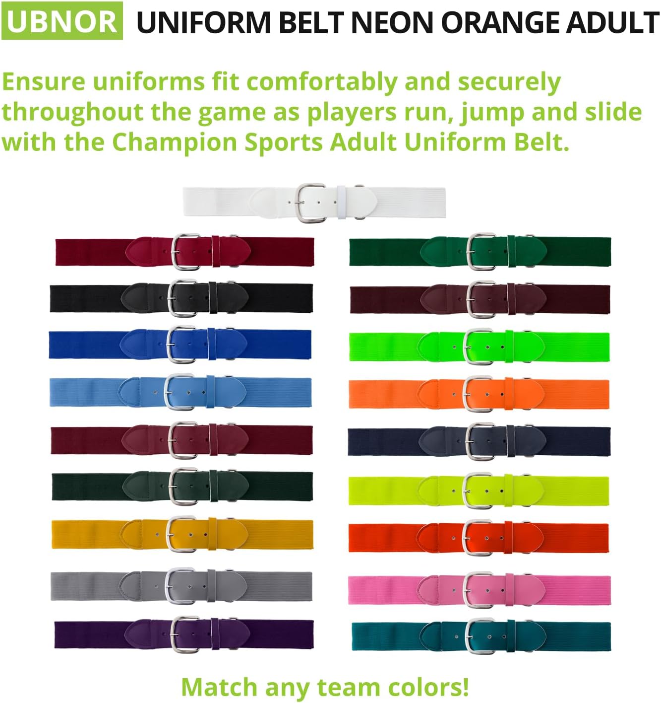Champion Sports Baseball/Softball Uniform Belt, Comfort Stretch Fit Durable Syntex Tab - Youth & Adult Sizes, Multiple Colors