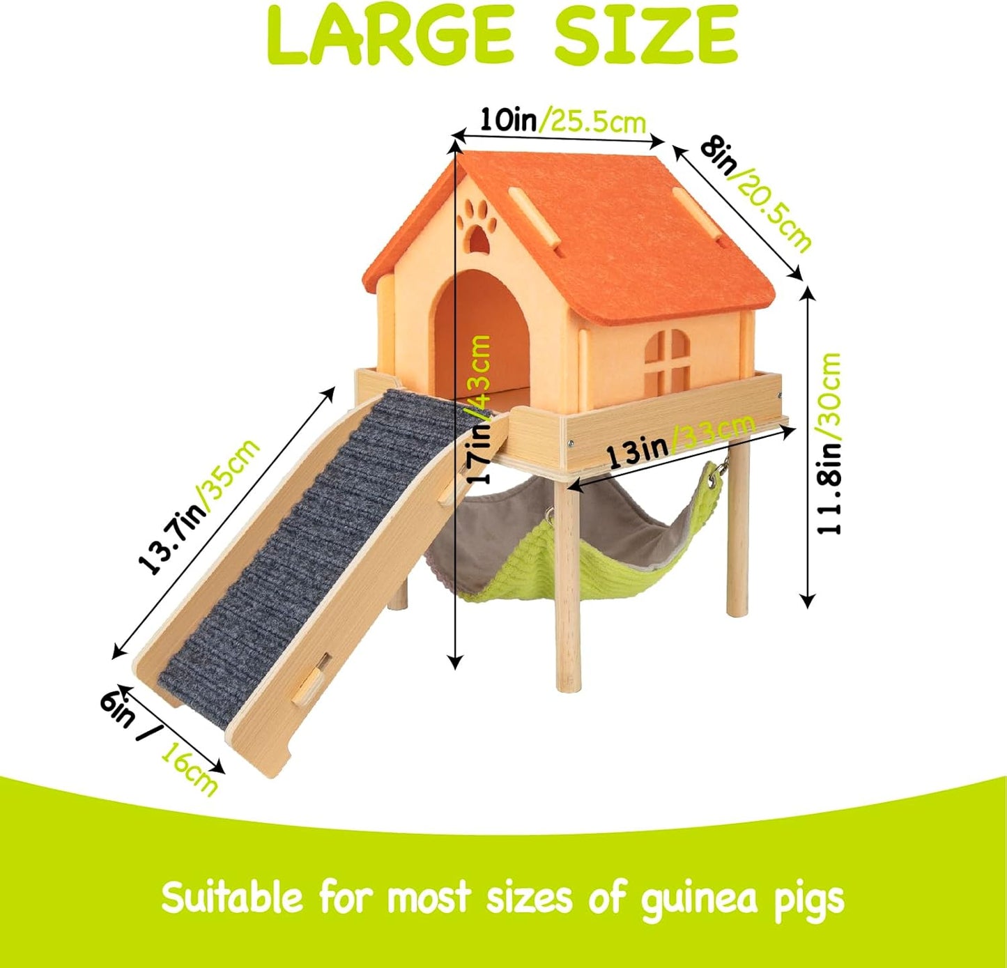 3 in 1 Enlarged Guinea Pig Hammock,Wooden Guinea Pig Hideout with House & Platform & Stairs Small Animal Toys for Hiding Sleeping Activities