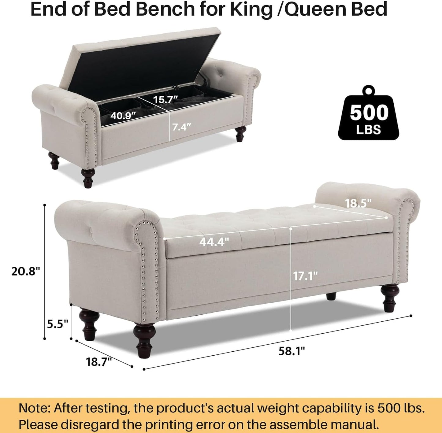 58.1'' Storage Bench Upholstered Linen End of Bedroom Bed Bench Ottoman with Tufted Cushioned Rolled Arm Large Storage Space for Reading Living Room Entryway, Beige