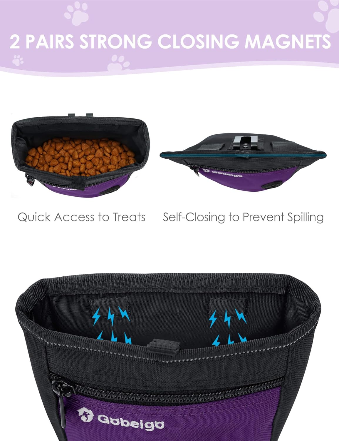 Gobeigo Dog Treat Pouch and Training Clicker, Upgrade Two Magnetic Closure to Prevent Spills, 2 Cup Treat Bag with Poop Bag Dispenser, Metal Clip Waist Belt Fanny Pack for Pet Walk (Black/Purple)
