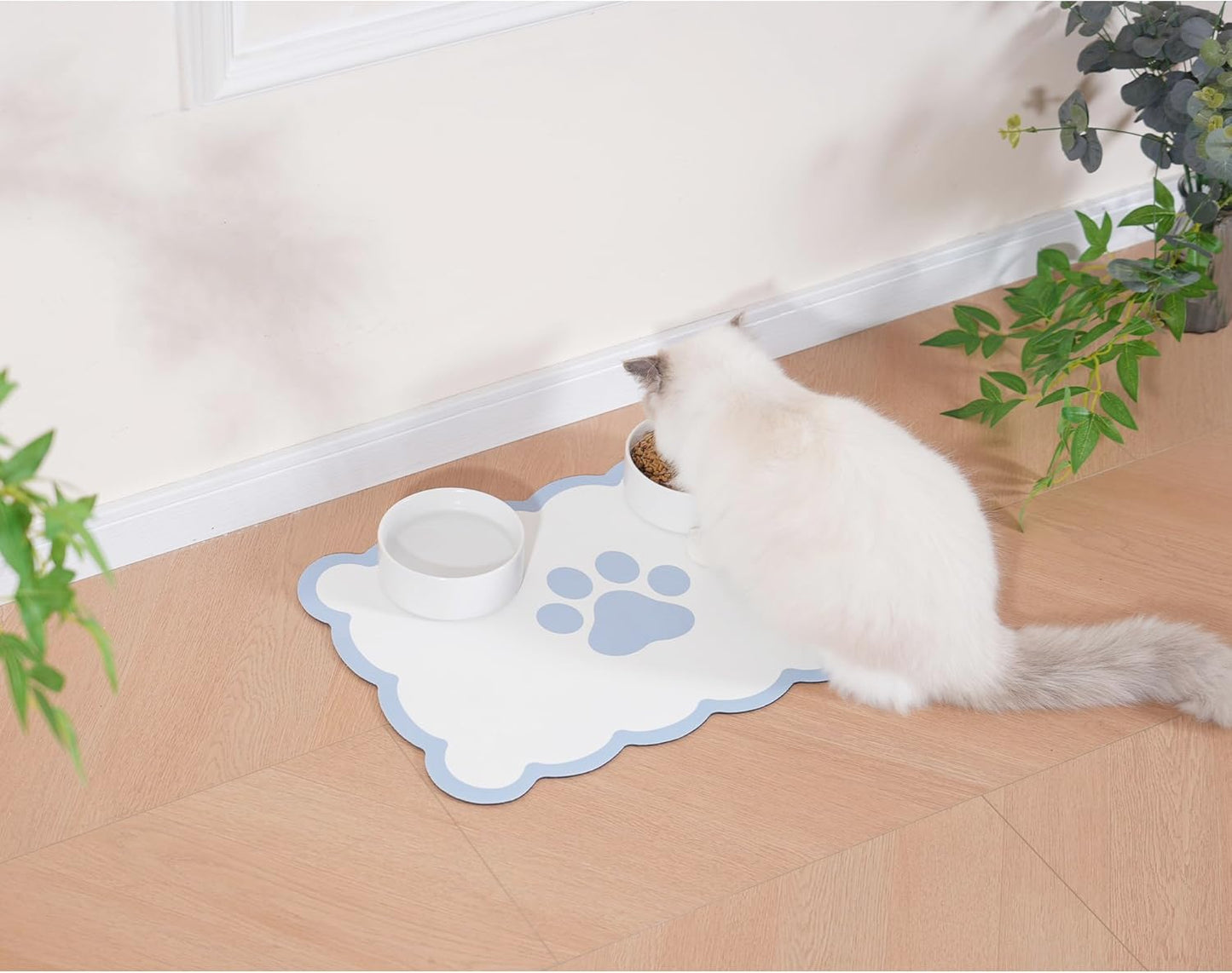 Ralxion Scalloped Dog Feeding Mat, Absorbent Mats for Dog Food and Water Bowl, Dispenser, Cute Elegant Aesthetic Preppy Water Blue Scallop Pet Placemat for Dogs, Cats, Puppy Accessories, 14" X 19”