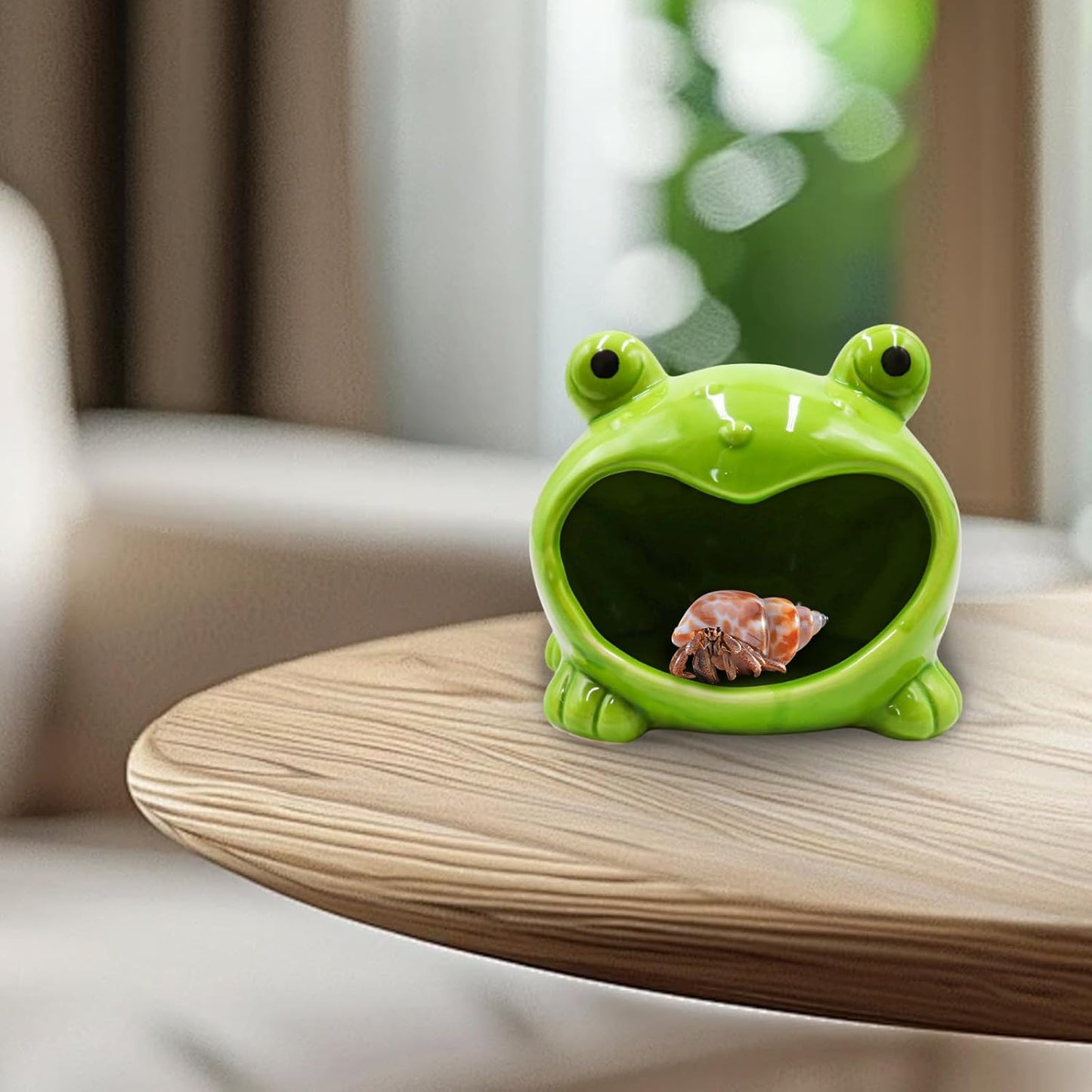 Reptile Tank Accessories – Ceramic Cartoon Frog Hideout with Open-Mouth Entrance, Cute Habitat Shelter for Hermit Crabs, Tortoises, Geckos, Tarantulas & Small Reptiles