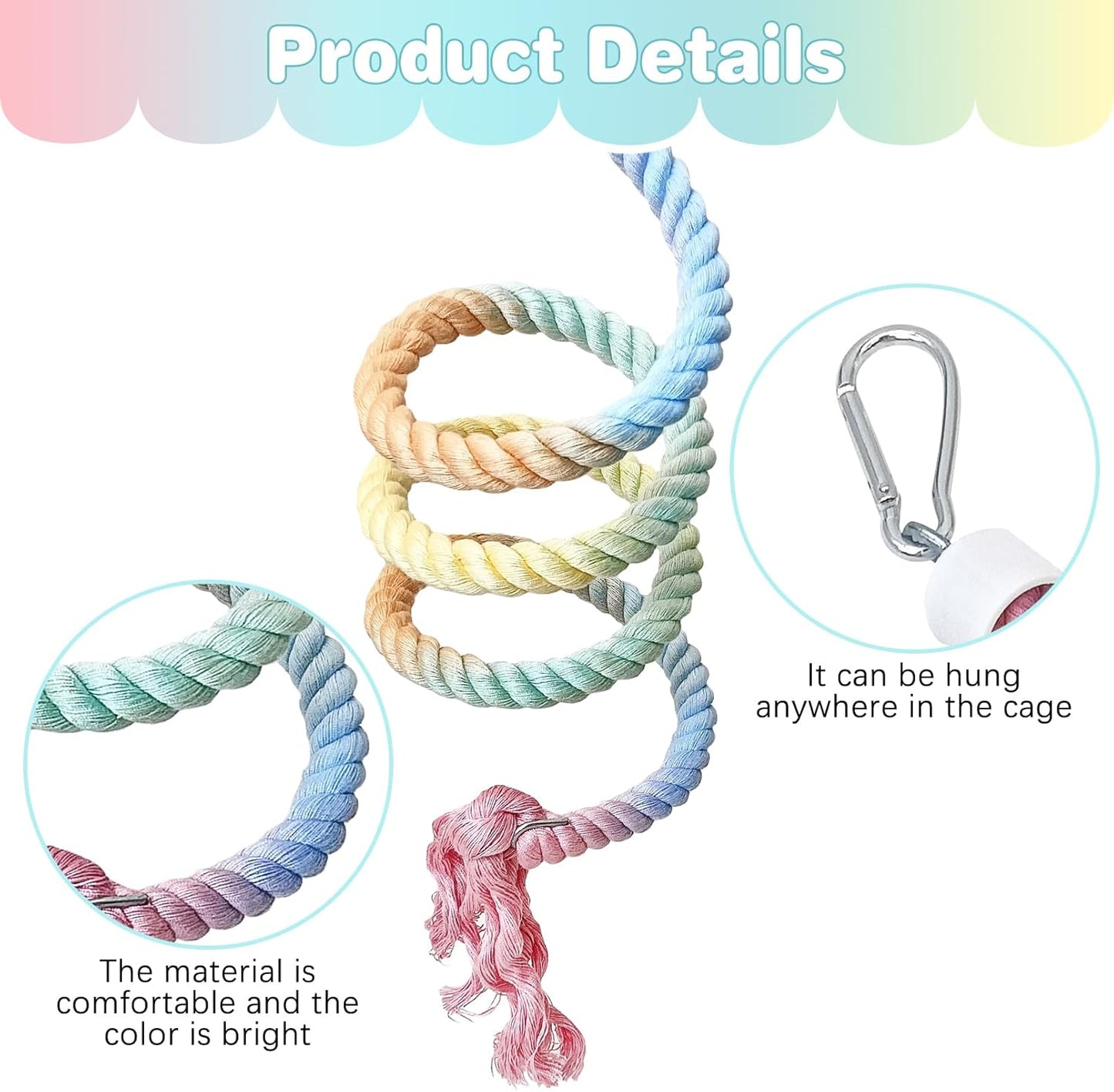 BNOSDM 3 Pcs Bird Rope Perches Gradient Colorful Bendable Climbing Rope Ladders Swings Toy Parakeet Cage Accessories for Parrots, Budgies, Cockatiels, Conures, Lovebirds