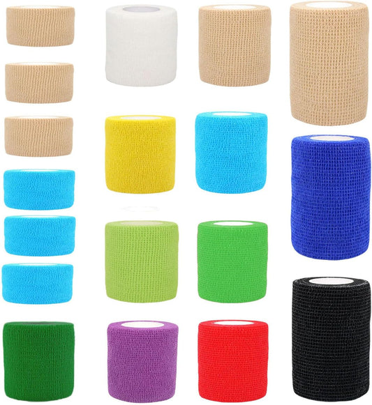 Self Adhesive Wrap 18 Rolls, Non-Woven Self Adherent Vet Wrap, (1IN+2IN+3IN) x 5Yard | Cohesive Bandage Tape for Wrist & Ankle, Elastic Grip Cover (Colorful)