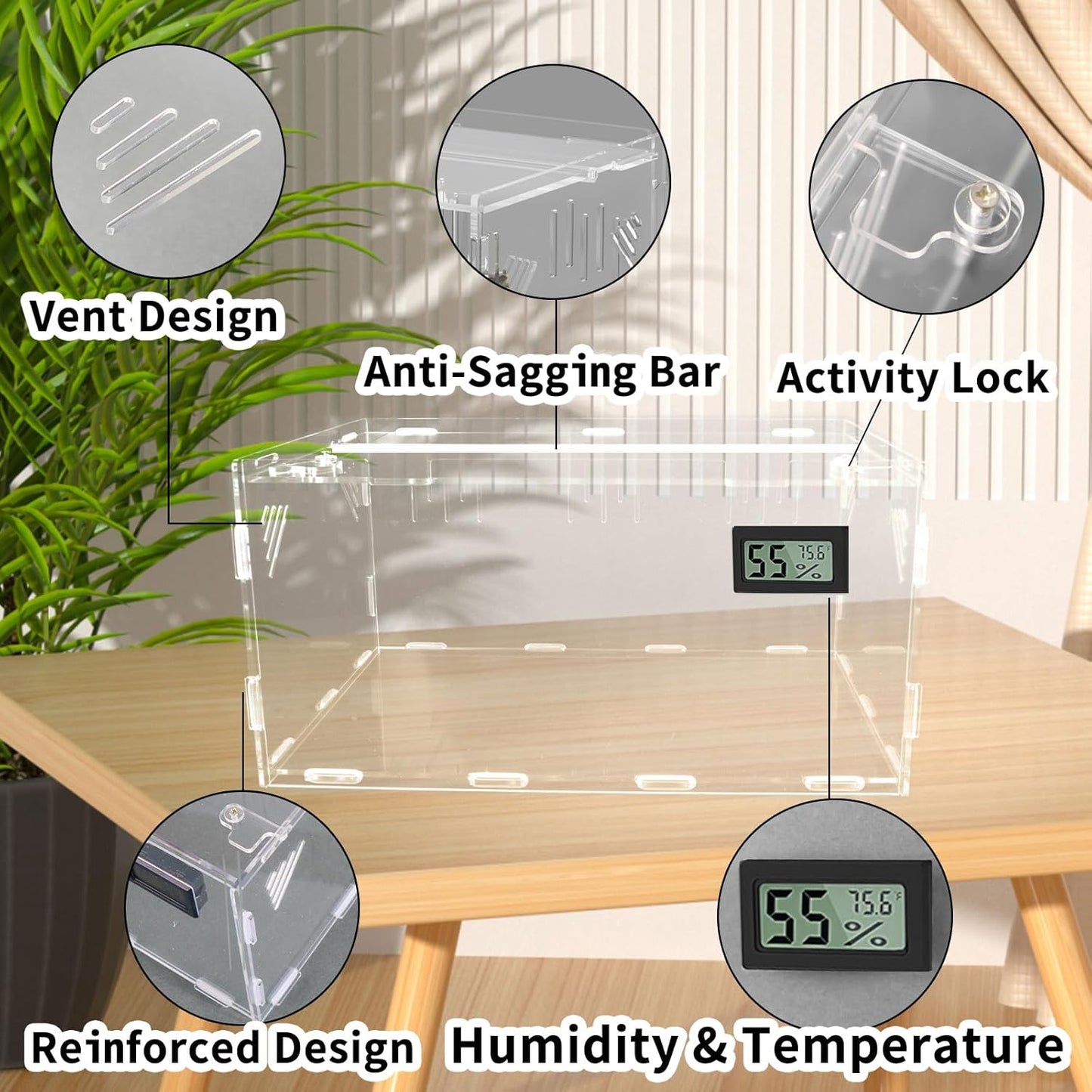 Reptile Terrariums, with Temperature Hygrometer, 15.7"x9.9"x7.1"Acrylic Reptile Breeding Box Terrarium Cage Tank for Small Reptile Insect Home Office