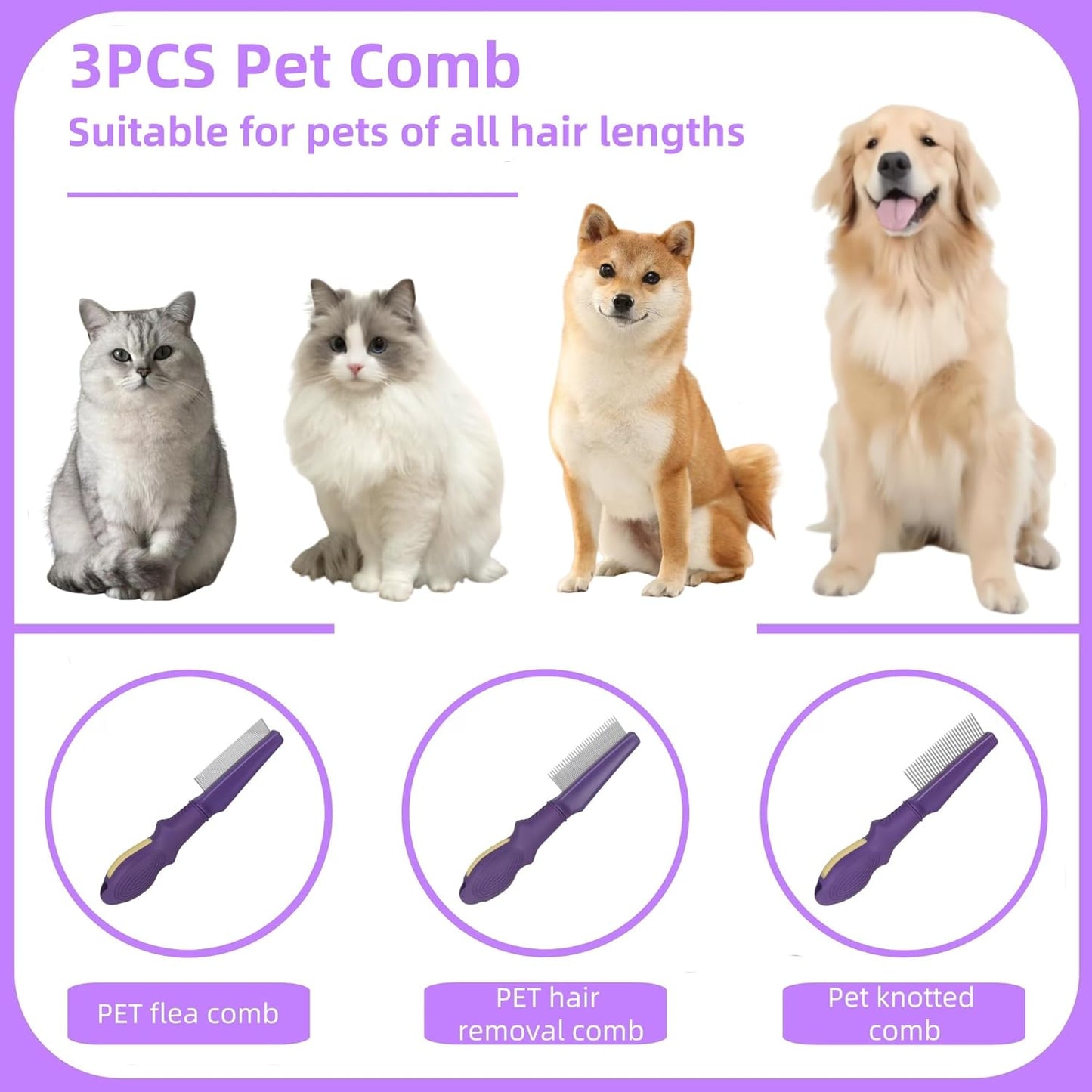 Temapex 3PCS Pet Comb for Grooming Long & Short Haired Cats & Dogs With Stainless Steel Metal Teeth for Removes Tangles & Flea, Non-Slip & Anti-Static Rubber Handle, Safe & Gentle