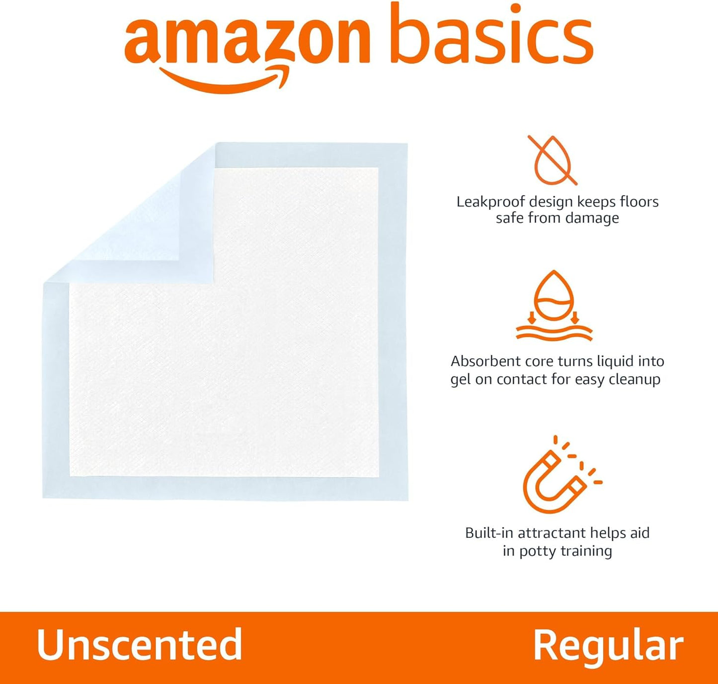 Amazon Basics Dog and Puppy Pee Pads, 5-Layer Leak-Proof Super Absorbent, Quick-Dry Surface, Potty Training, Regular (22x22"), 50 Count, Blue & White