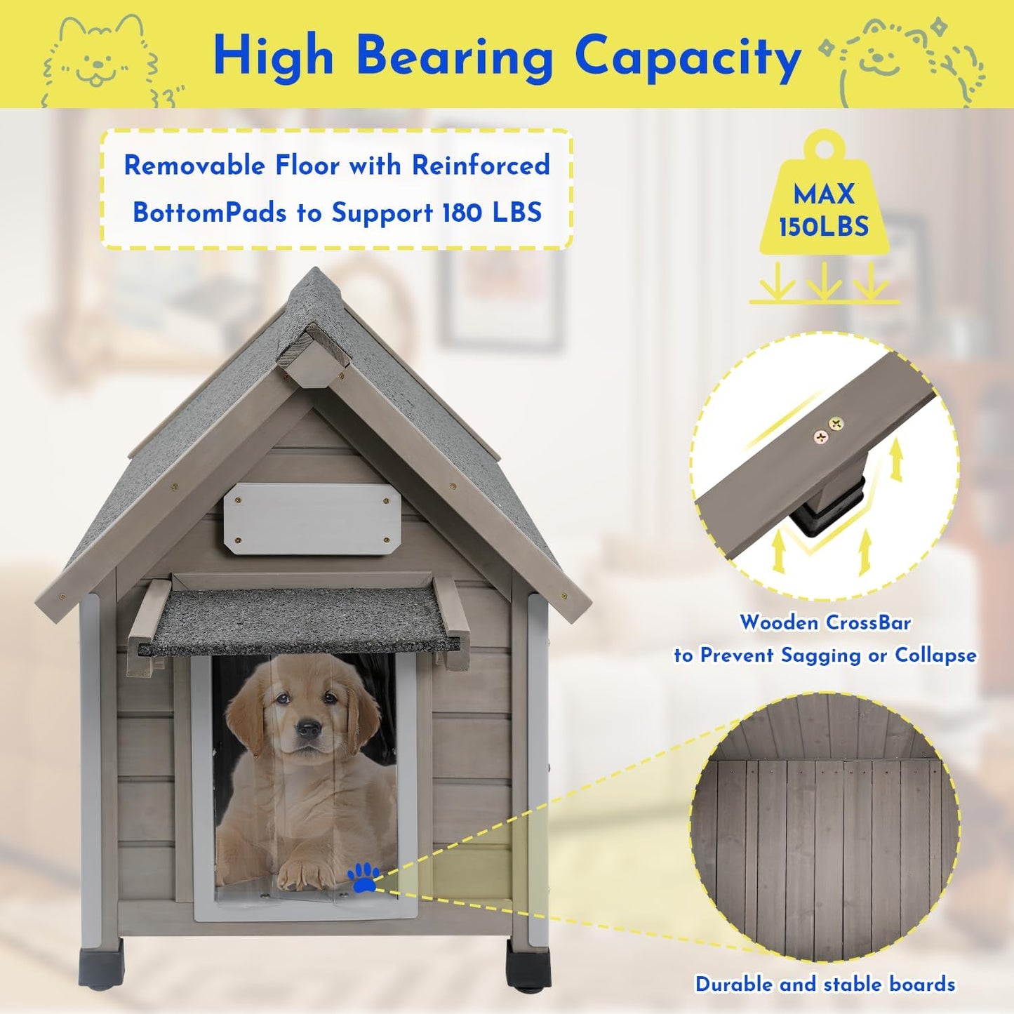 Outdoor Dog House Weatherproof Large Wooden Dog Kennel Indoor for Small Dogs with Chew-Proof Frame, Oxford Fabric Window, Removable Floor Pet Shelter (Grey, 18.1" D x 25.2" W x 24" H)