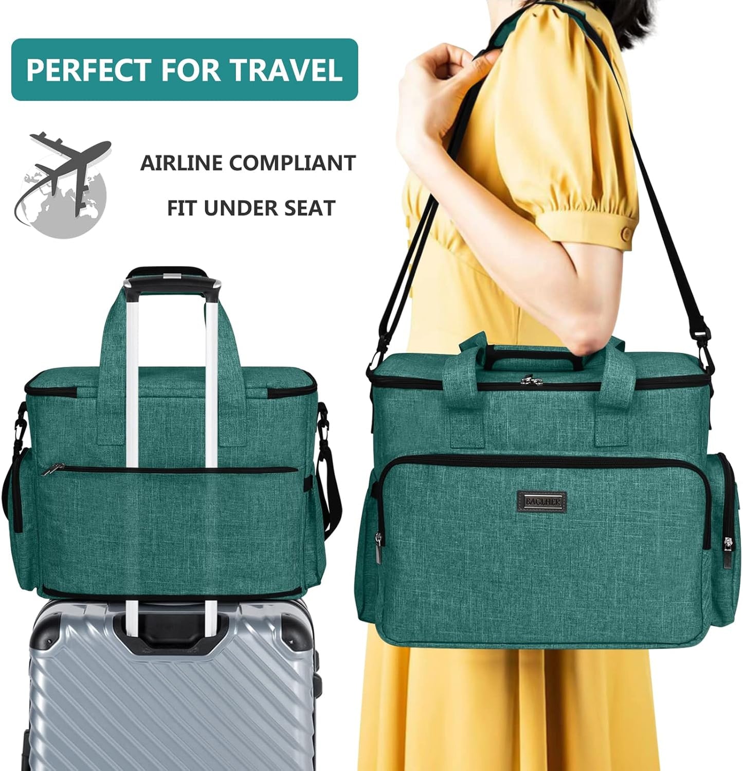 BAGLHER Dog Travel Bag, Airline Approved Pet Tote Organizer with Multi-Function Pockets, 2 X Food Storage Containers and 2 X Collapsible Dog Bowls, Perfect Weekend Pet Travel Set for Dog, Cat Green