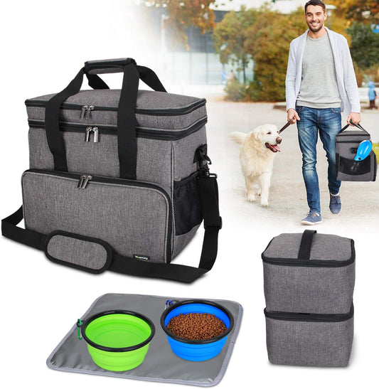 Teamoy Double Layer Dog Travel Bag, Dog Bag for Supplies with 2 Silicone Collapsible Bowls, 2 Food Carriers, 1 Water-Resistant Placemat, Pet Supplies Weekend Tote Organizer (Large, Gray)