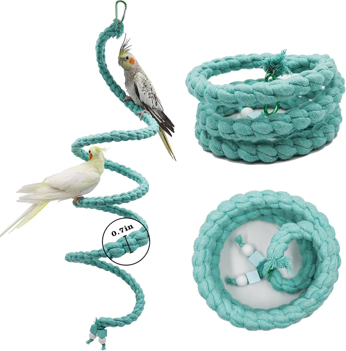 Dnoifne Bird Spiral Rope Perch, Blue Cotton Rope Perch for Parrot, Parakeet, Budgie, Lovebird, Cockatiel