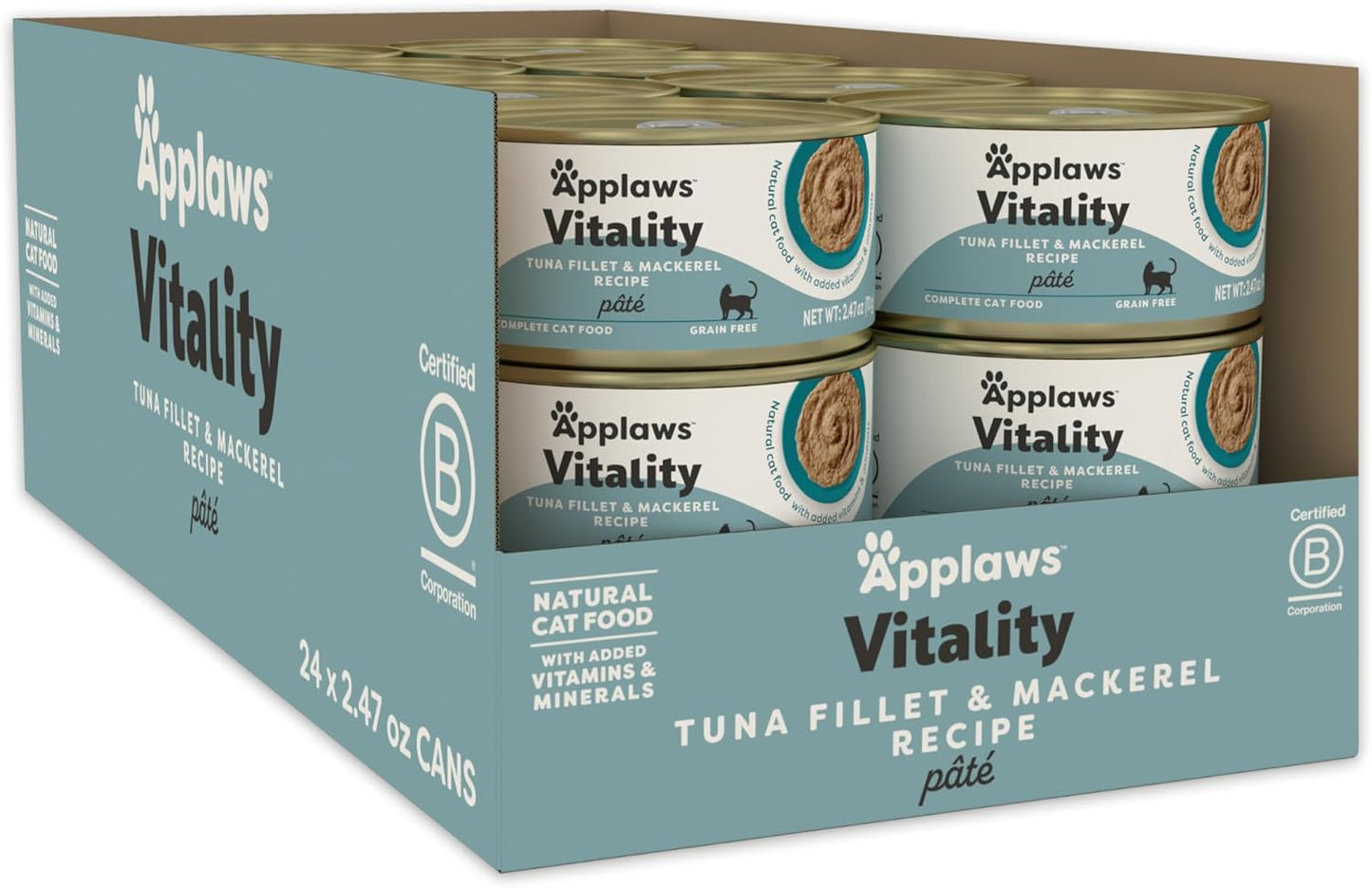 Applaws Vitality Wet Cat Food Paté, Natural Canned Cat Food, Wet Food for Cats with Added Vitamins and Minerals, Grain Free, Carrageenan Free, Tuna Fillet and Mackerel Recipe (24 Count, 2.47 oz Cans)