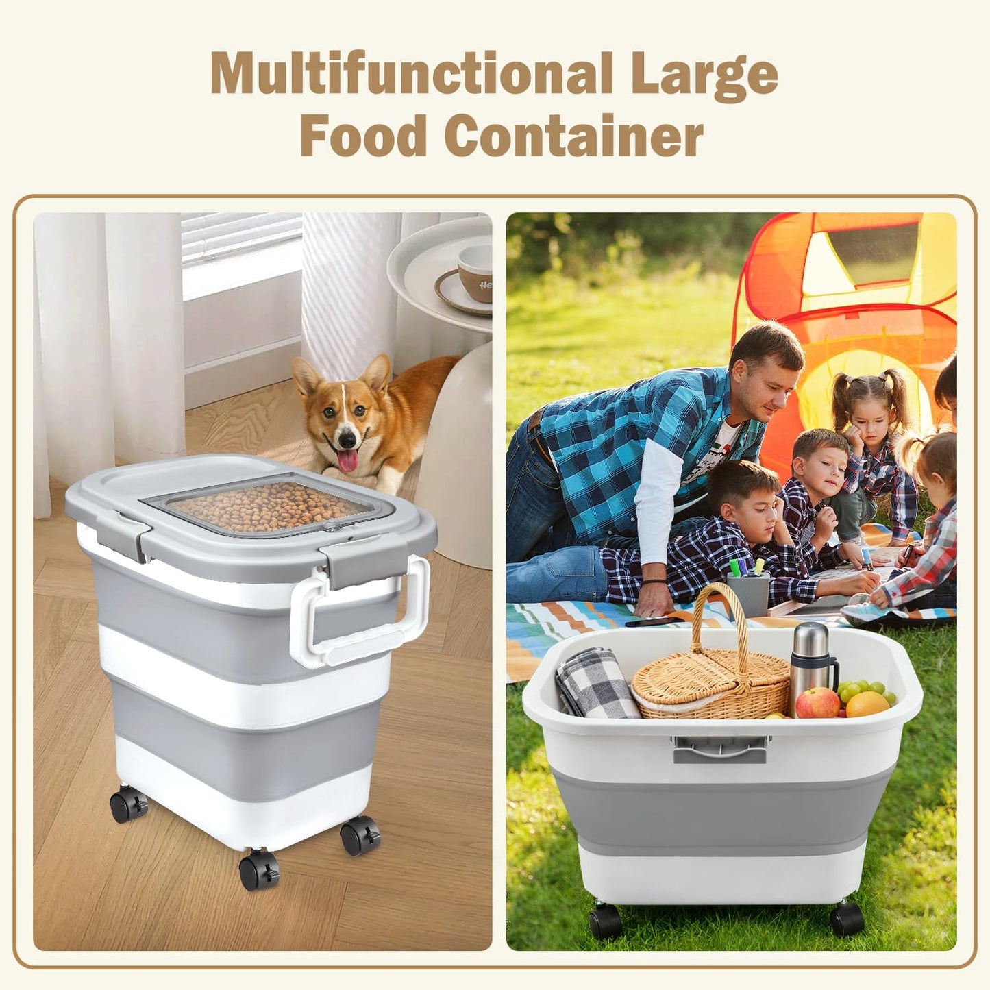 Rice Storage Container, Collapsible Airtight Food Storage Containers 10-40 Lbs, Rice Dispenser Bin with Cup and Scoop for Flour Cereal Pasta Grain, Cat Bird Pet Dog Food Storage Container