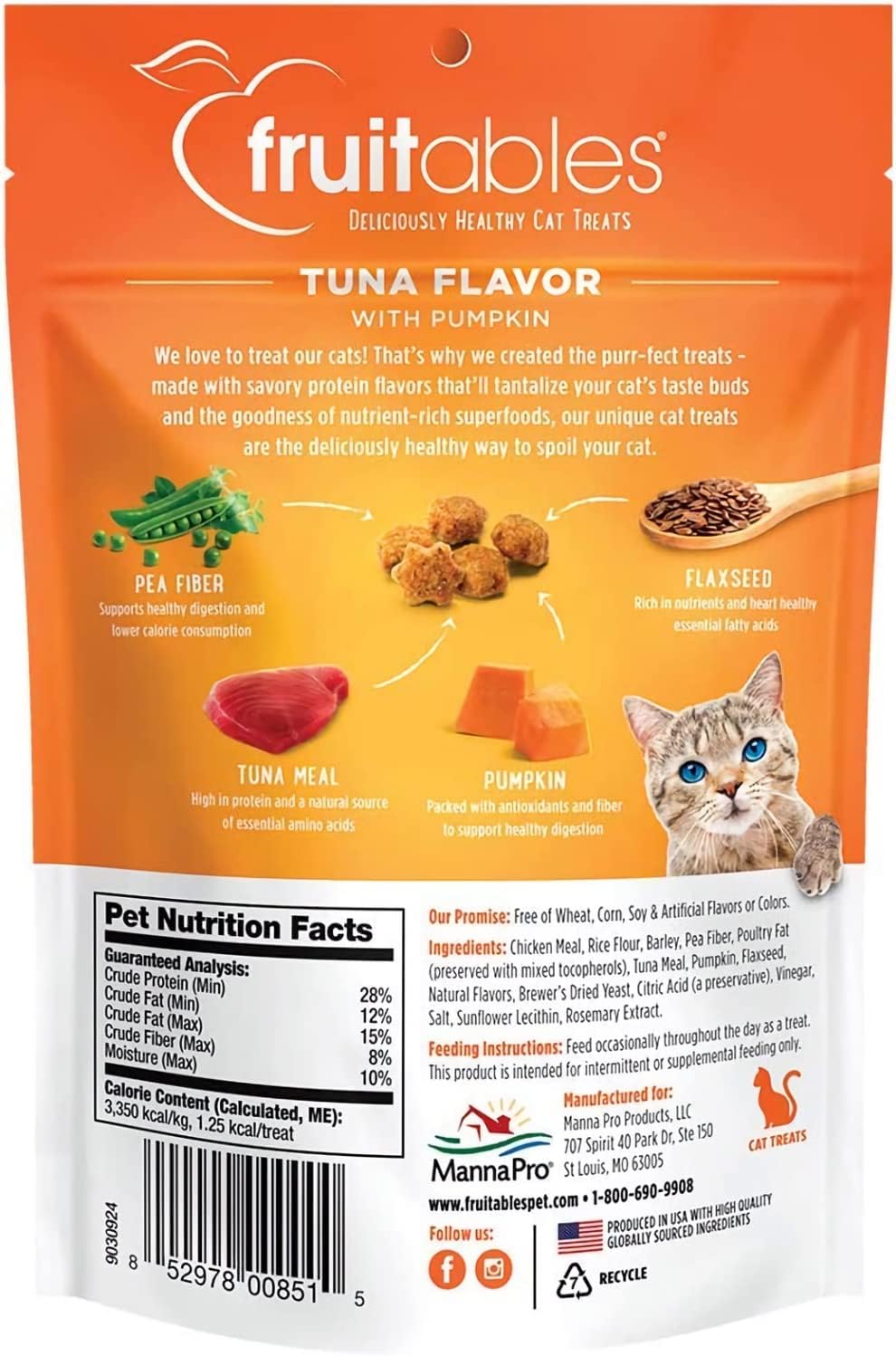 Fruitables Cat Treats, Healthy Treats For Cats, Low Calorie and Packed with Protein, Crunchy Biscuits, Free of Wheat, Corn and Soy, Made with Real Tuna and Pumpkin, 2.5oz