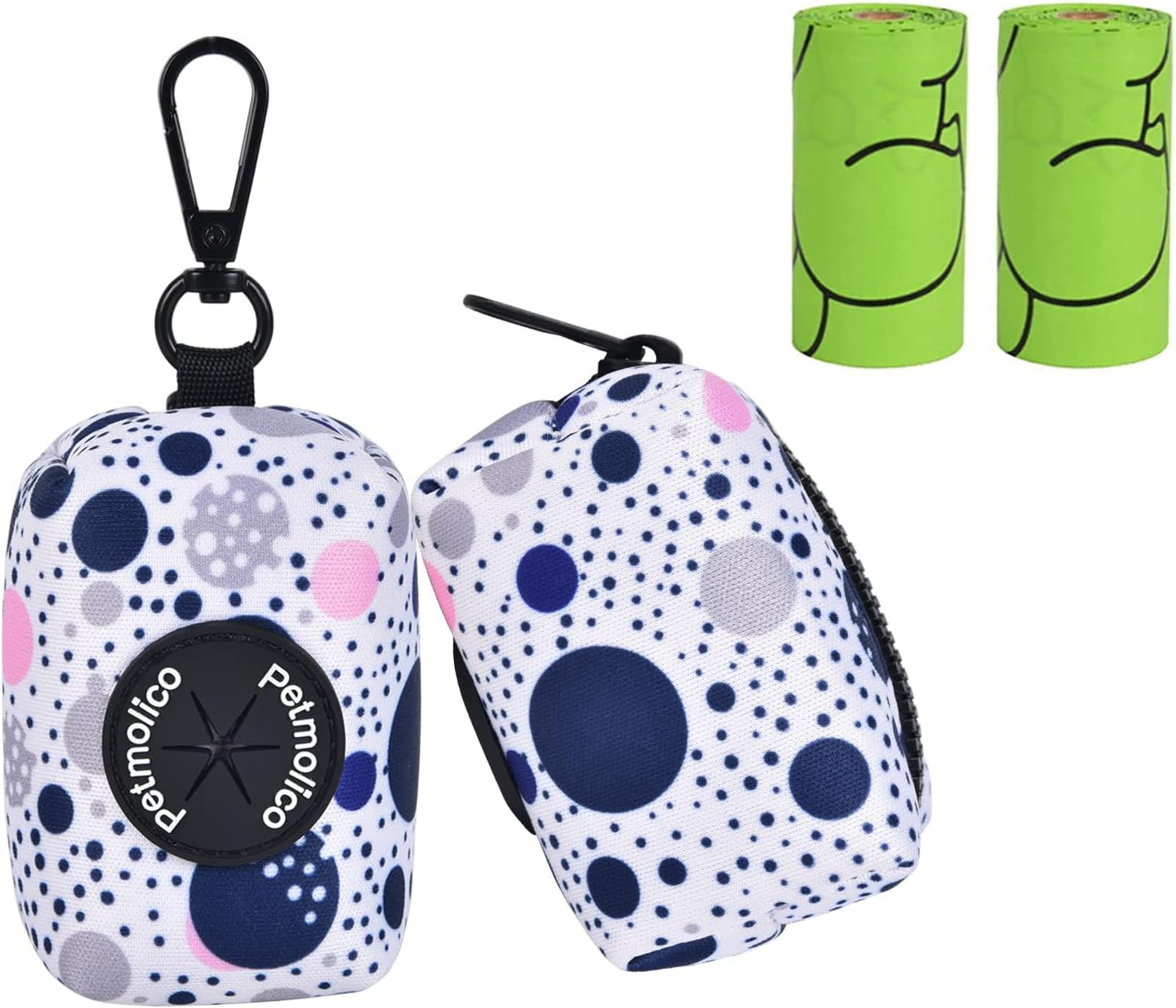 Petmolico Dog Poop Bag Holder Leash Attachment, Dog Waste Bag Dispenser Zippered Pouch, Fits Any Dog Leash, Includes Free Roll of Dog Bags, Poop Bag Dispenser - 2 Pack, Blue Dots