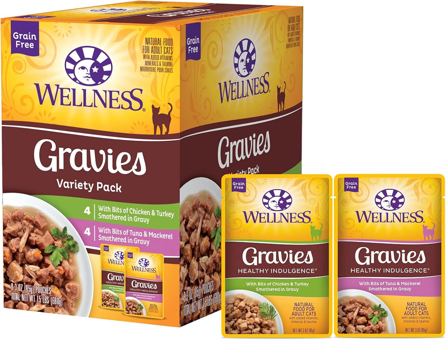 Wellness Healthy Indulgence Gravy Adult Wet Cat Food, Natural, Protein-Rich, Grain Free, 3 Ounce Pouch, 8 Pack, (Gravy Variety Pack)