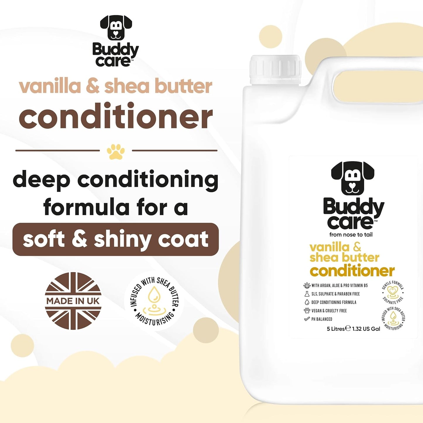 Vanilla & Shea Butter Dog Conditioner (169.07oz) Aloe Vera, Argan Oil & Pro Vitamin B5 to Detangle Matted Coats & Relieve Sensitive & Itchy Skin, Suitable for Puppies from 8 Weeks, Vegan