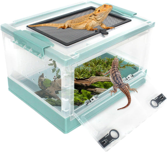 PINVNBY Plastic Reptile Feeding Box with Wheels,Reptiles Breeding Enclosure Cages Transparent Amphibians Habitat Terrarium Tank Portable Transport Container for Lizard,Bearded Dragon(Blue)