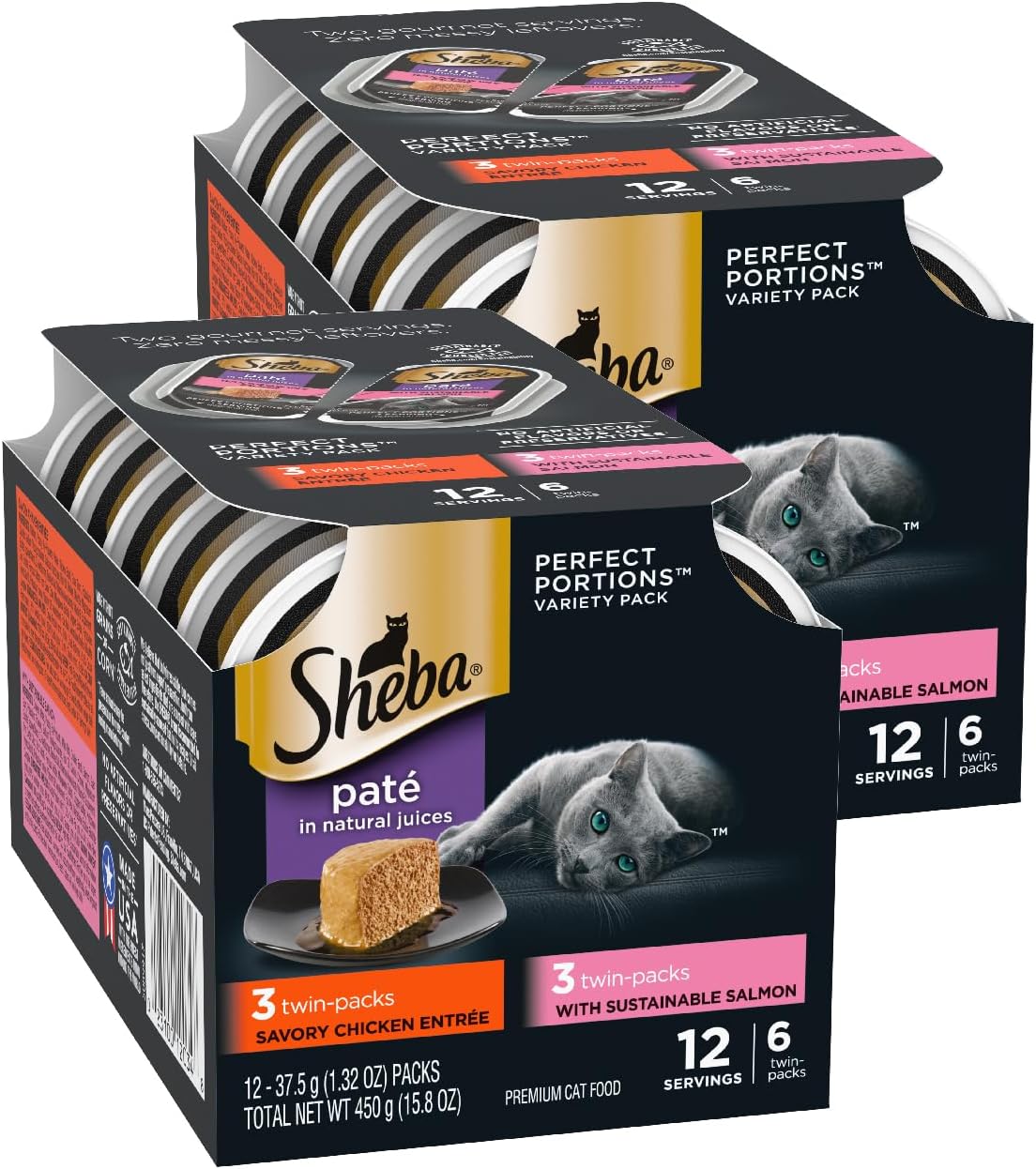 Sheba Perfect Portions Wet Cat Food Pate Savory Chicken Entree and with Sustainable Salmon Variety Pack, 2.6 oz. Twin-Pack Trays (6 Count, 12 Servings) (Pack of 2)