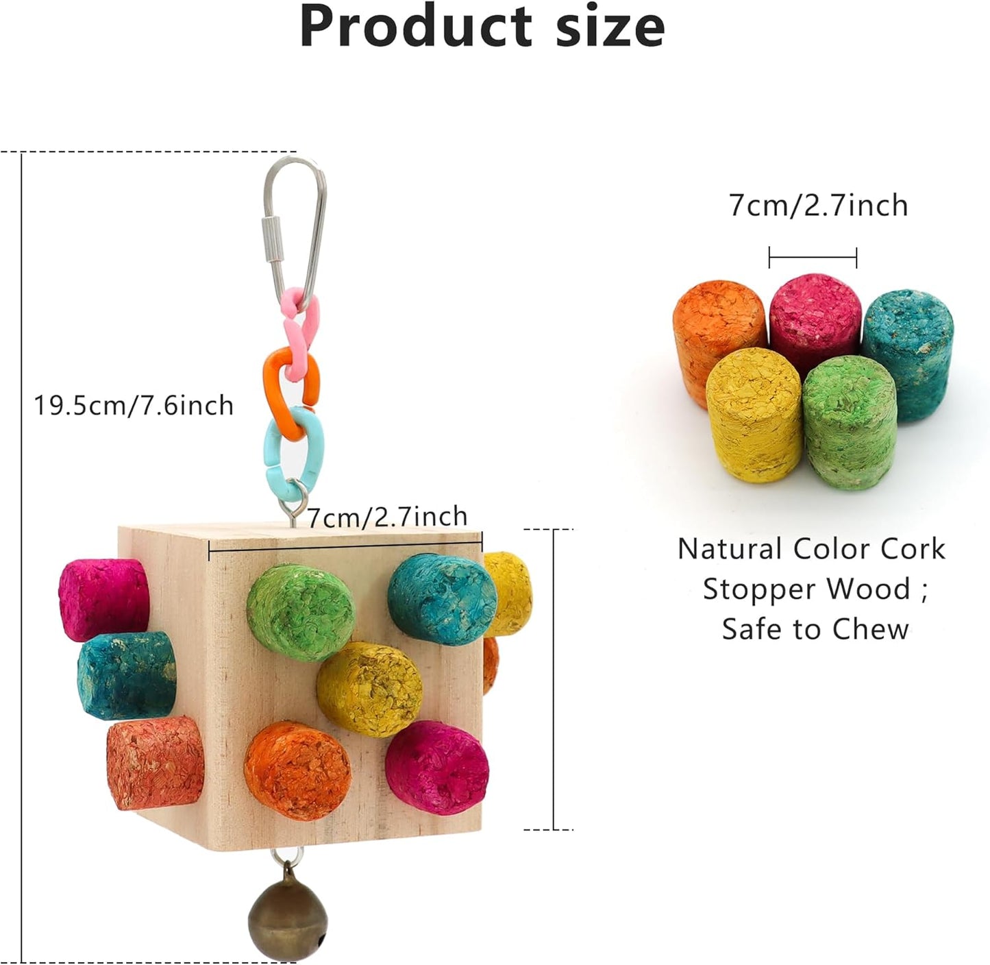 Square Bird Chew Toy, Parrot Cork Stopper Toys Bird Swing Bell Hanging Wooden Puzzle Foraging Toys Small Bird Bite Perch Stand, Small and Medium Parrots (1 Pack-Square Cork Stick)