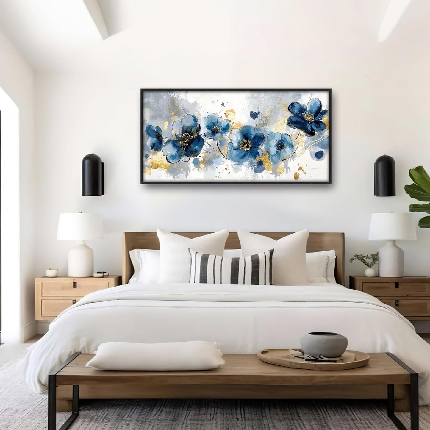 Extra Large Framed Abstract Blue Flower Wall Art,Oversized Golden Grey Floral Wall Decor Pictures for Living Room,Canvas Print Painting Modern Artwork Bedroom Office Bathroom Home Decor 60L" x 30W"