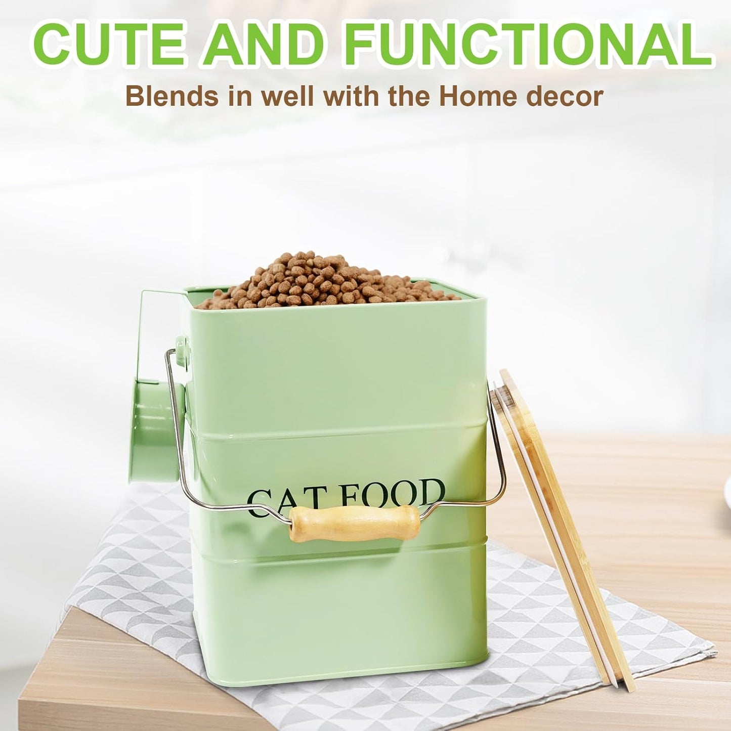 Cat Food storage container Cat Treats Jar,5~6 lb Metal food treats tin for Cat, pet snacks Canisters with wooden lid/handle/sevice scoop-Green