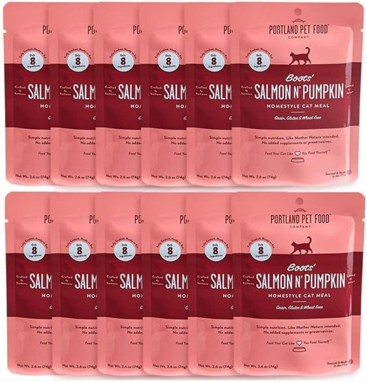 Human-Grade Mixed Variety Pack Wet Cat Food Pouch Boots' Salmon N' Pumpkin - Moist, Soft Cat Food Mixer, Topper, and Rotational Meal by Portland Pet Food Company -12 Pack