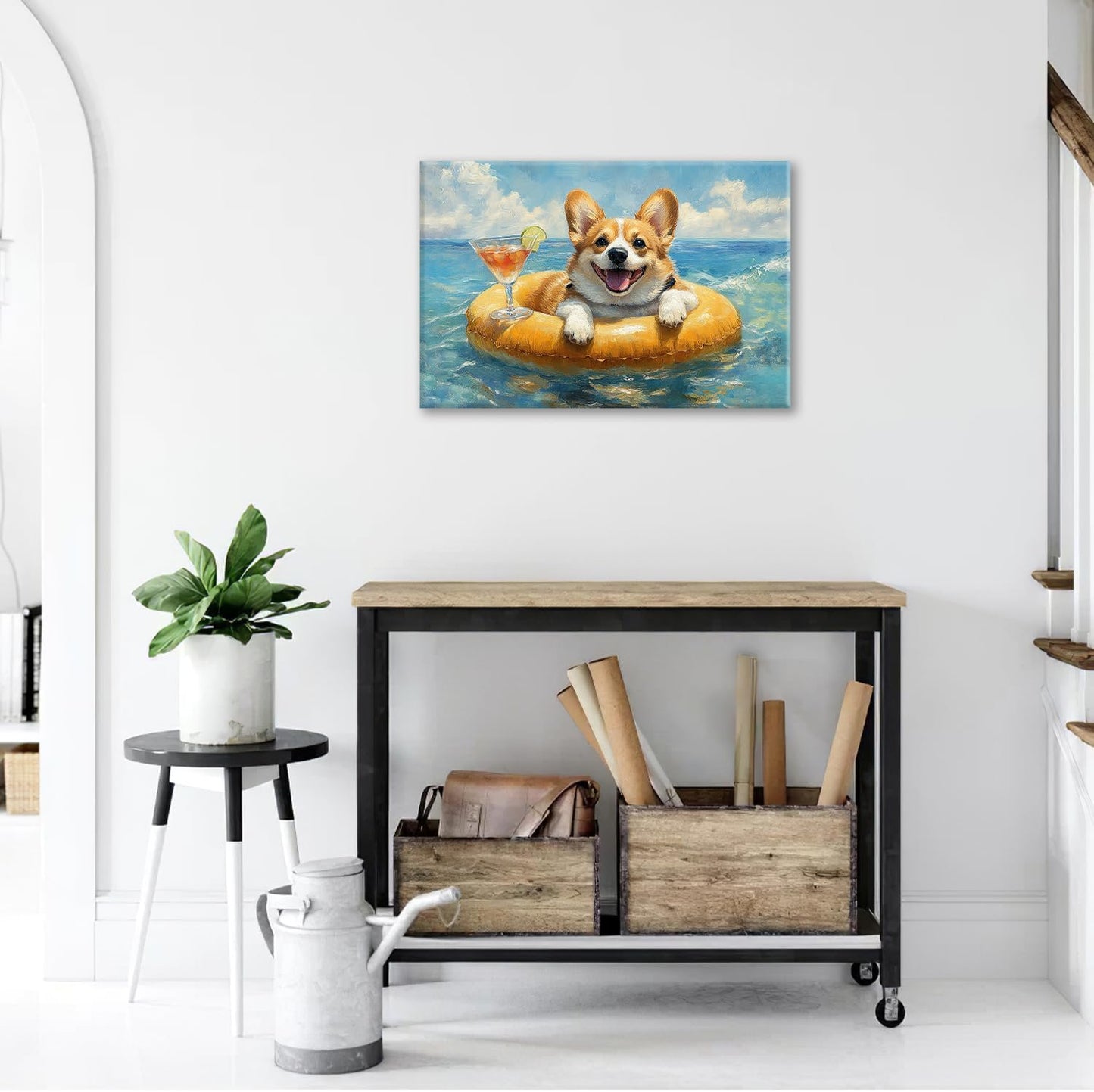 Ocean Funny Corgi Dog Pictures Wall Art, Bathroom Cute Dog Wall Decor Sea Coastal Framed Painting Beach Canvas Artwork for Bathroom Bedroom Living Room Decorations 24"L x 16"W