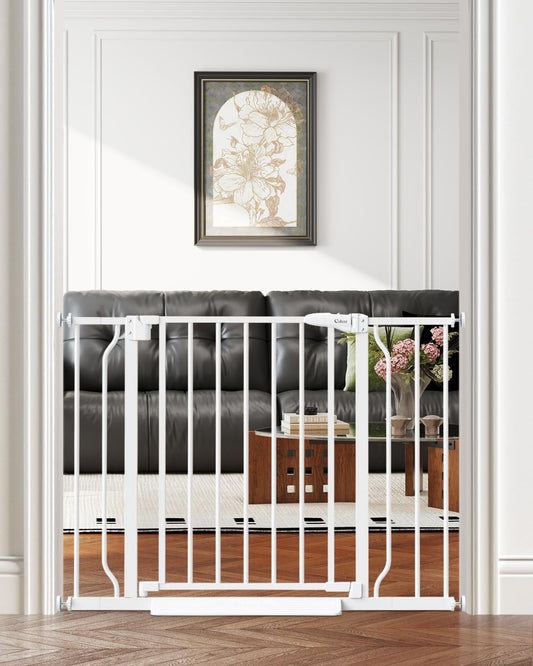 29"-40" Baby Gate for Stairs, Auto Close Stroller Friendly Dog Gate Indoor for Doorways, Pressure Mounted Baby Gate, Easy Walk Through Gate for Children & Pets, White