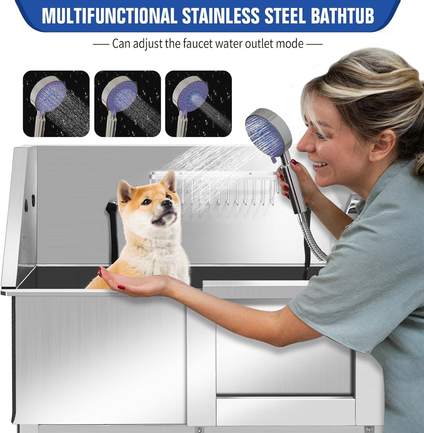 Dog Washing Station 38'' Stainless Steel Pet Grooming Tub for Large Dogs Over-Size Professional Dog Grooming Bathtub Station Wash Shower Sink Pet Grooming Bathtub Station
