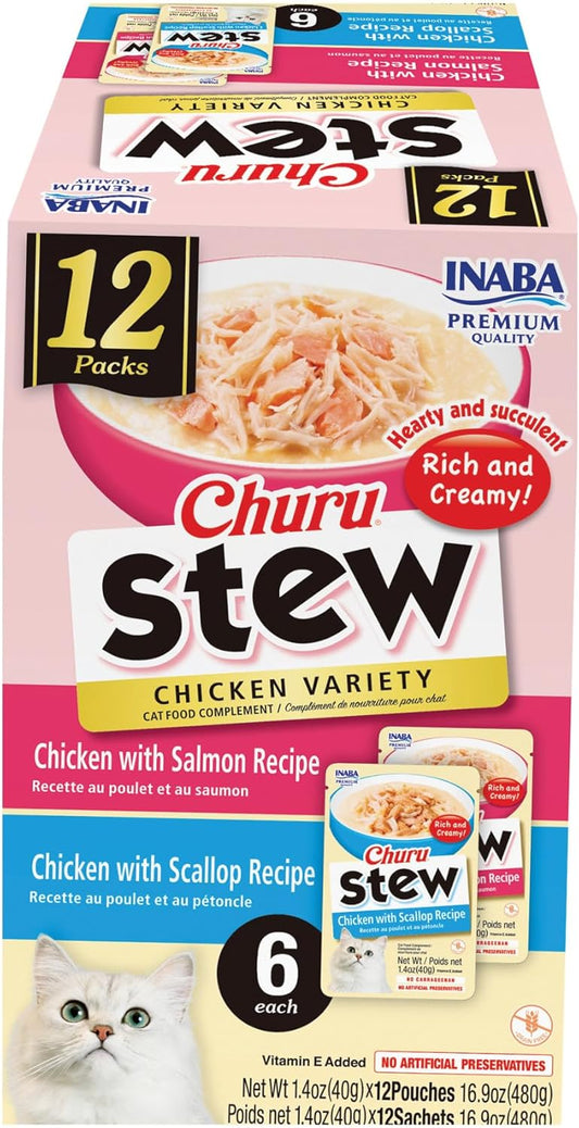 INABA Churu Stew for Cats, Side Dish Pouch with Vitamin E, 1.4 Ounces per Pouch, 12 Pouches, Chicken Variety