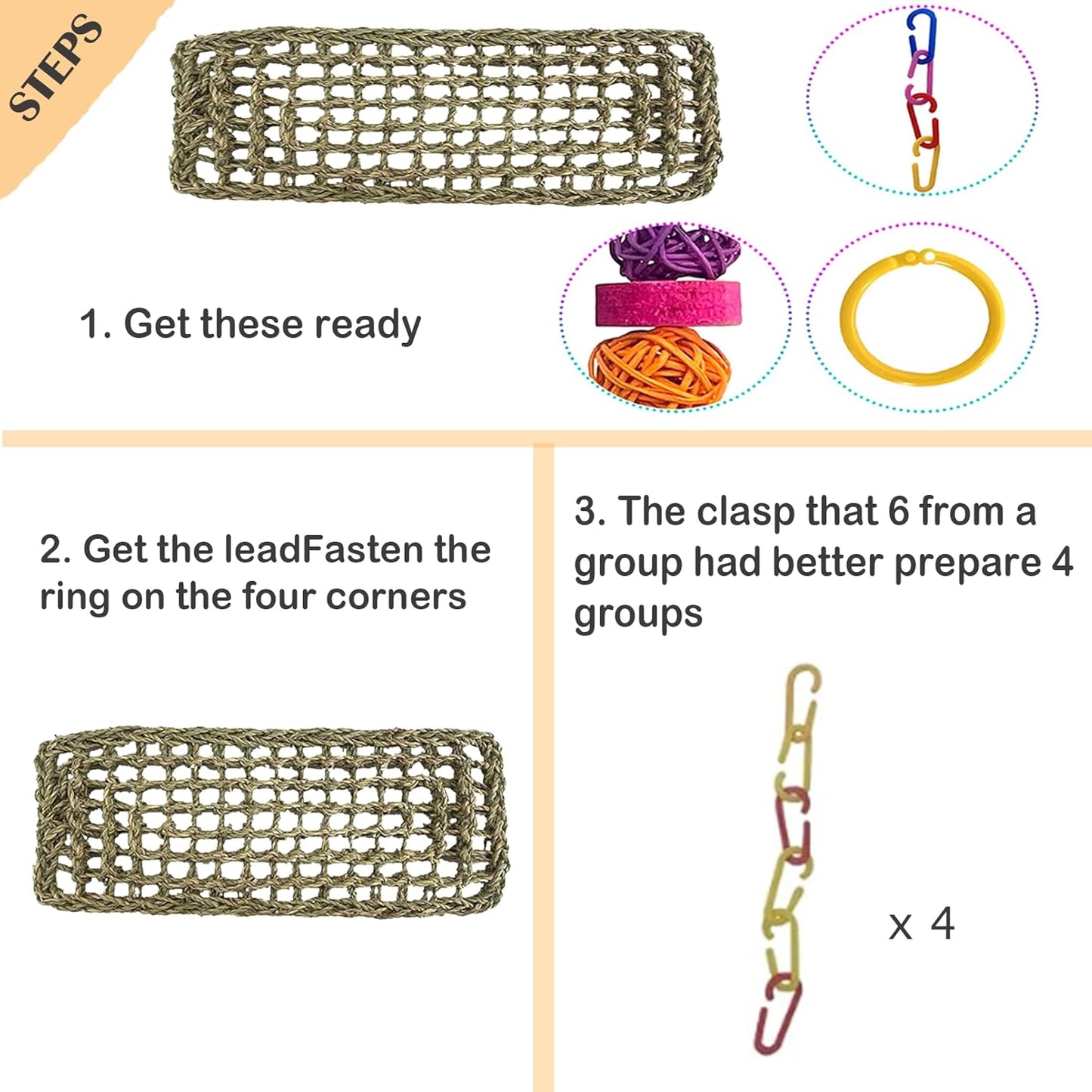 kathson Bird Seagrass Mat,Birds Swing Toy,Natural Grass Handmade Woven Hammock Hanging Parrot Lounger with Colour Toys for Lovebird,Cockatiel,Canary,Parakeets,Finch,Budgie (2 Pcs)