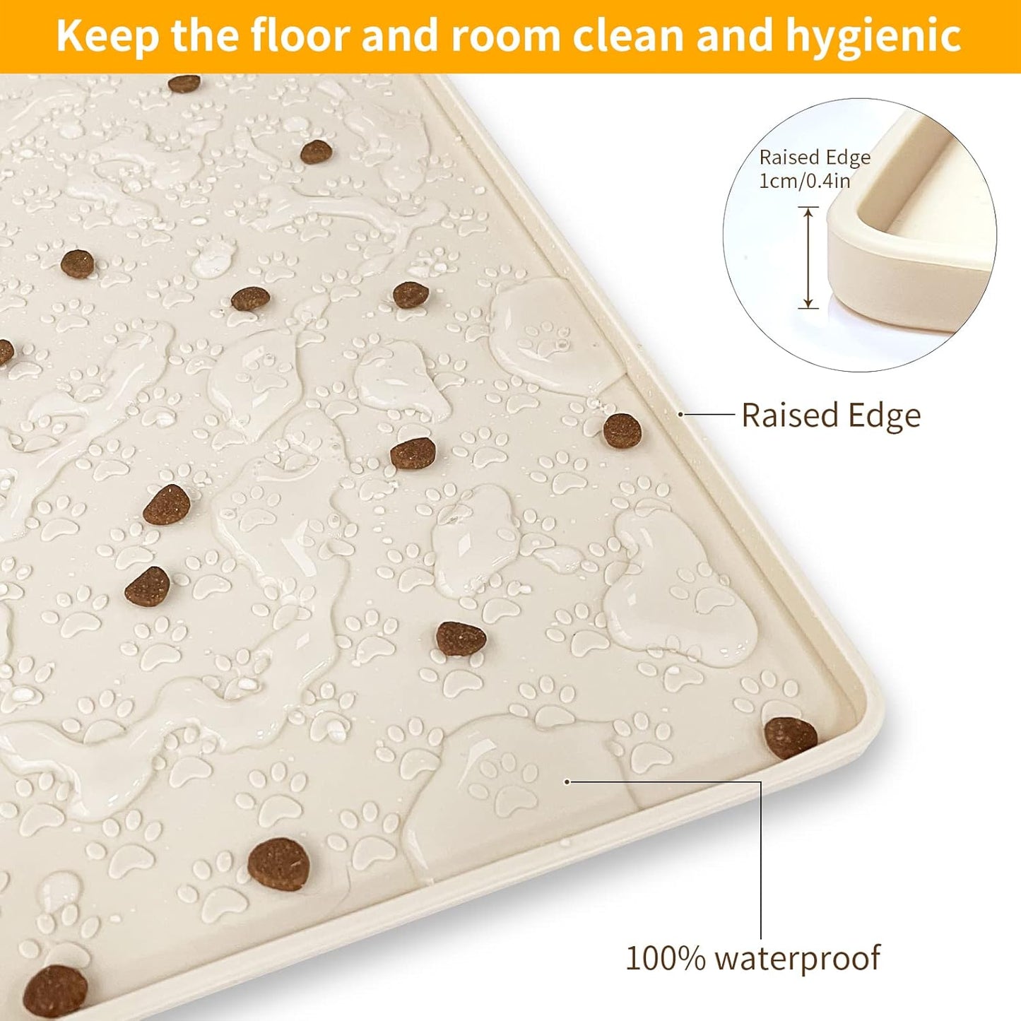 Ptlom Silicone Pet Placemat for Dog and Cat, Waterproof Anti-Slip Pet Feeding Bowl Mats for Food and Water, Small Medium Large Tray Mat Prevent Residues from Spilling to Floor, Beige, 31.5" 23.6"