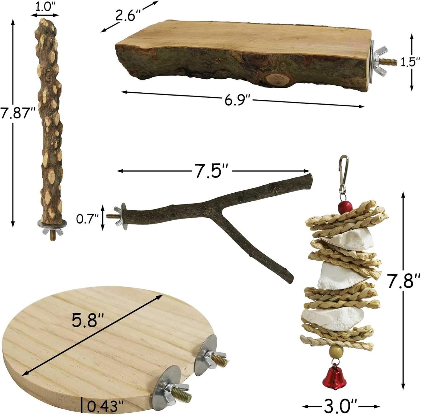 kathson 5PCS Wood Bird Perch Wooden Parrot Stand Toy Parakeet Standing Platform Chew Toys Natural Cuttlebone Paw Grinding Stick Cockatiels Cage Accessories Exercise Toy for Conures Budgies Lovebirds
