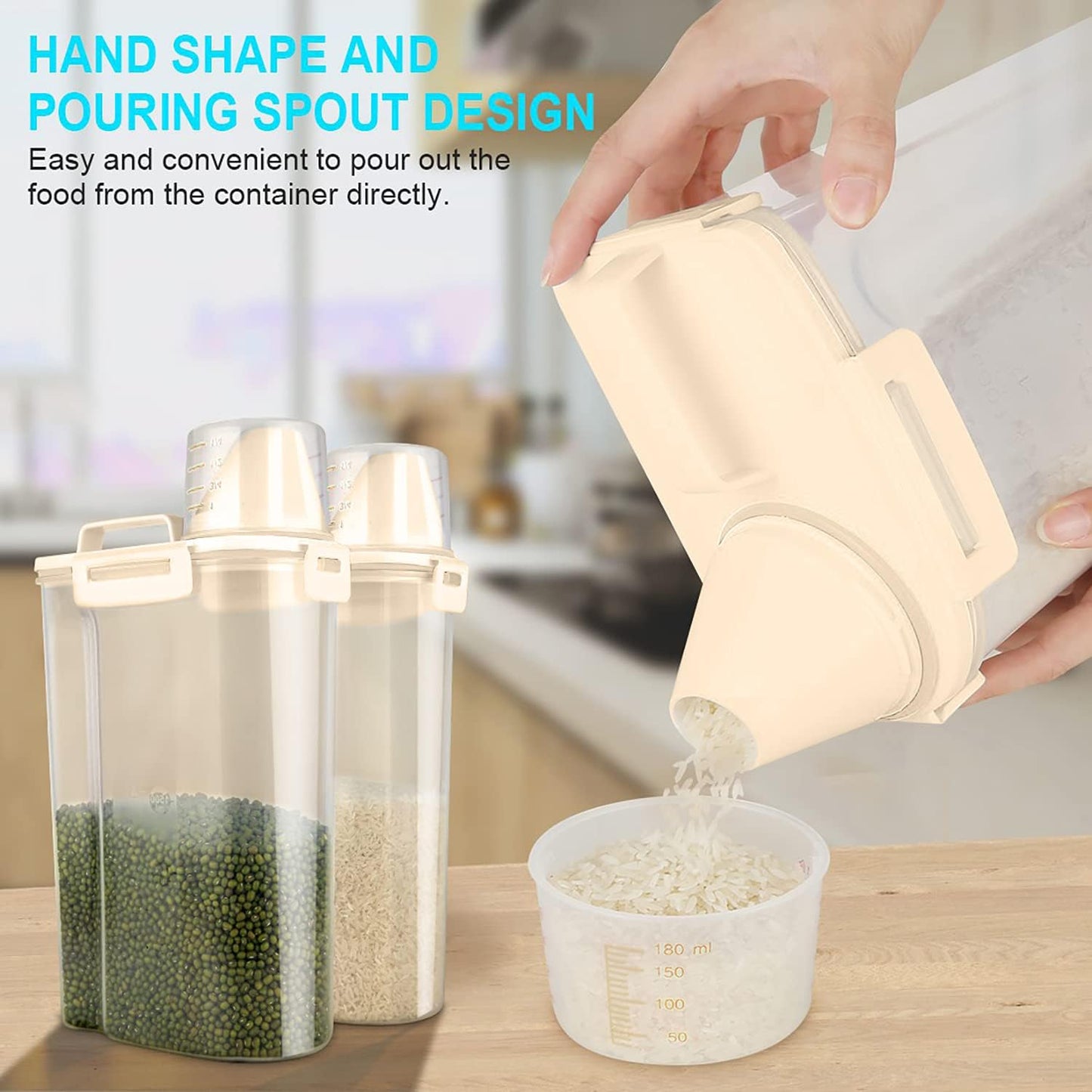 Rice Airtight Dry Food Storage Containers, BPA Free Plastic Storage Bin Dispenser with Pourable Spout, Measuring cup for Cereal, Flour and Baking Supplies, Include a Stainless Steel Whisk