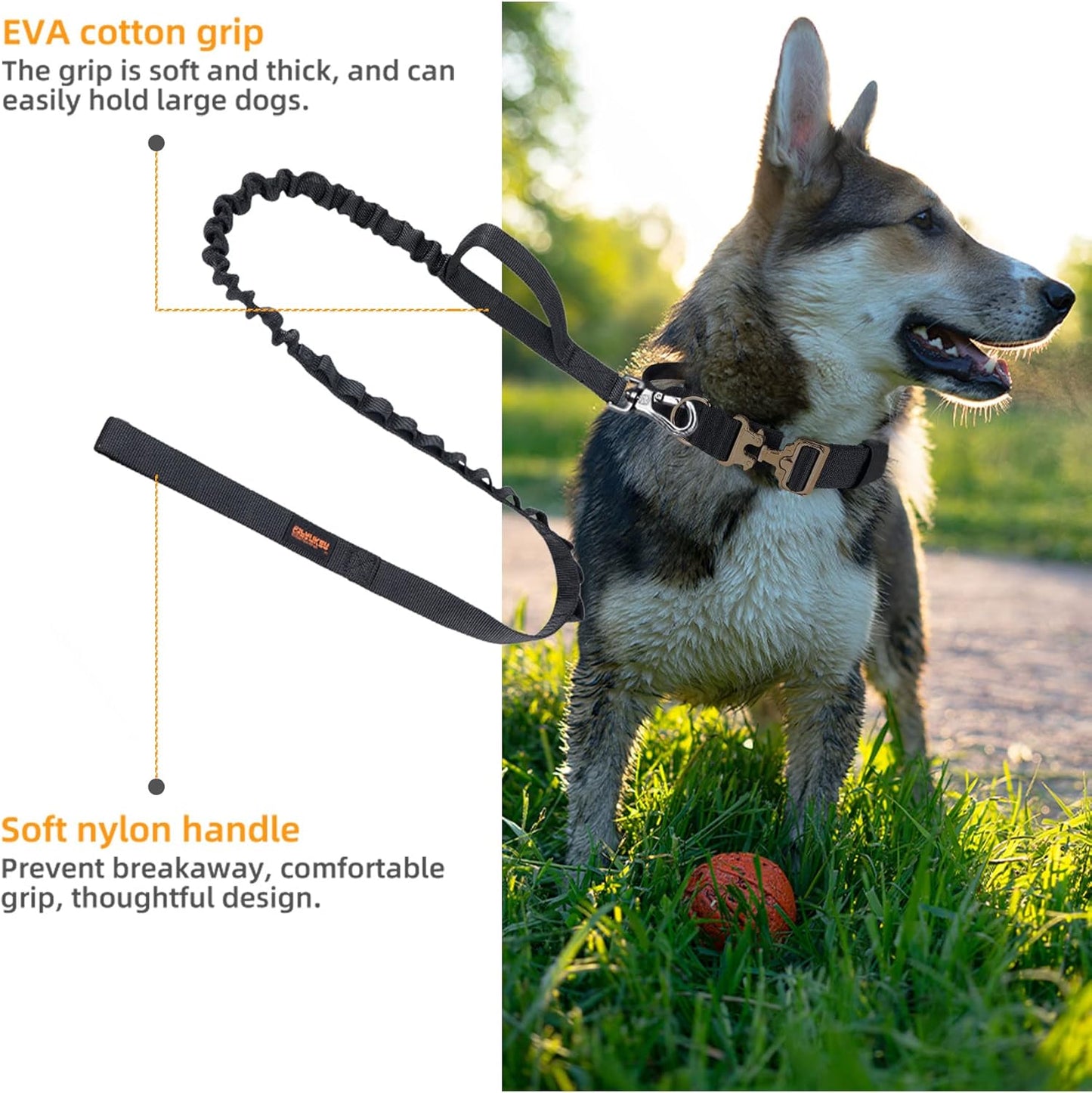 EXCELLENT ELITE SPANKER Tactical Bungee Dog Leash Military Adjustable Dog Leash Quick Release Elastic Leads Rope with 2 Control Handle(Black