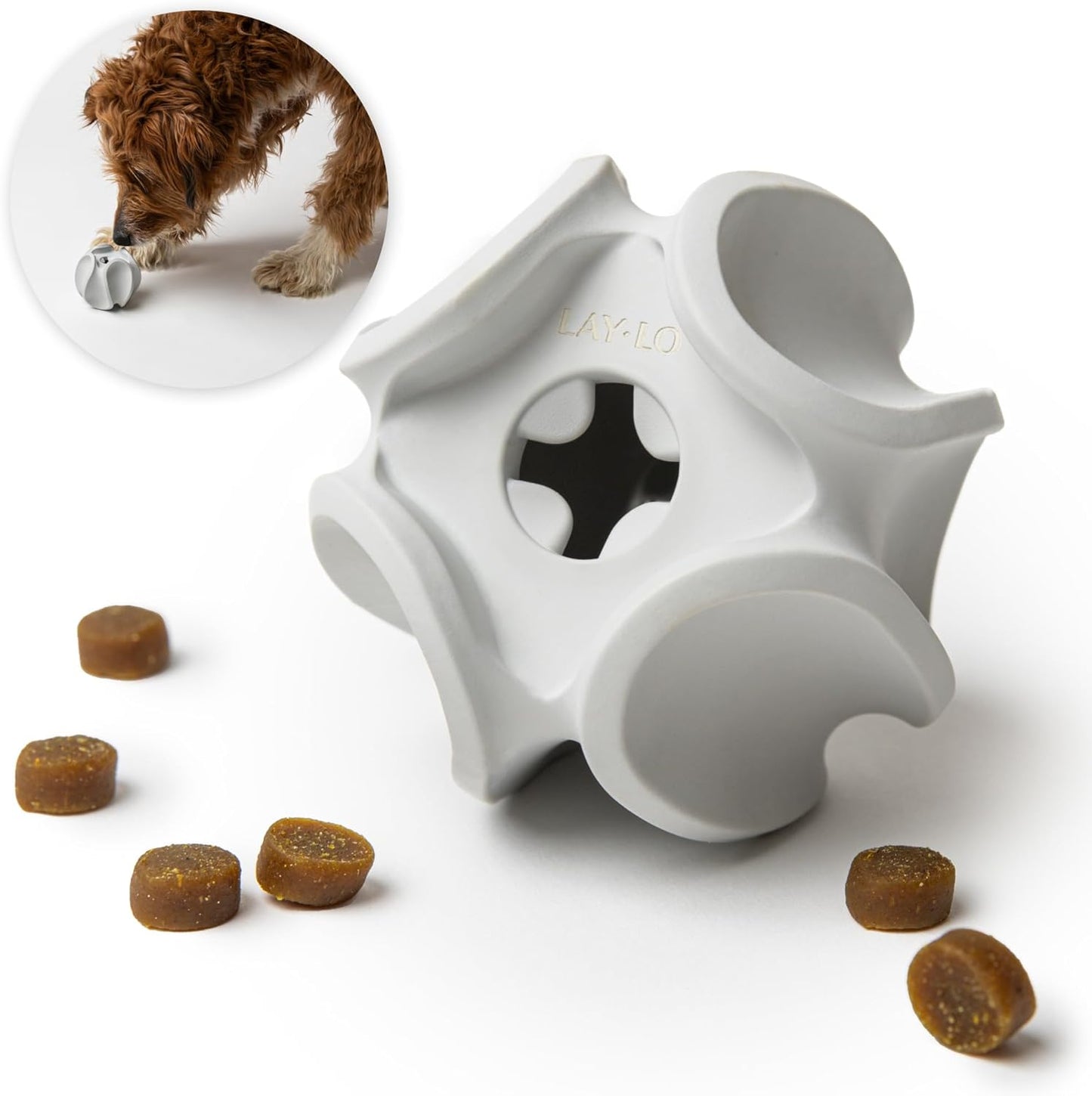 LAY LO Treat Dispensing Dog Toy – Natural Rubber Topple Toy for Chewing, Enrichment & Mental Stimulation | Dog Treat Dispenser Puzzle | Dishwasher Safe | Includes Live Trainer Support