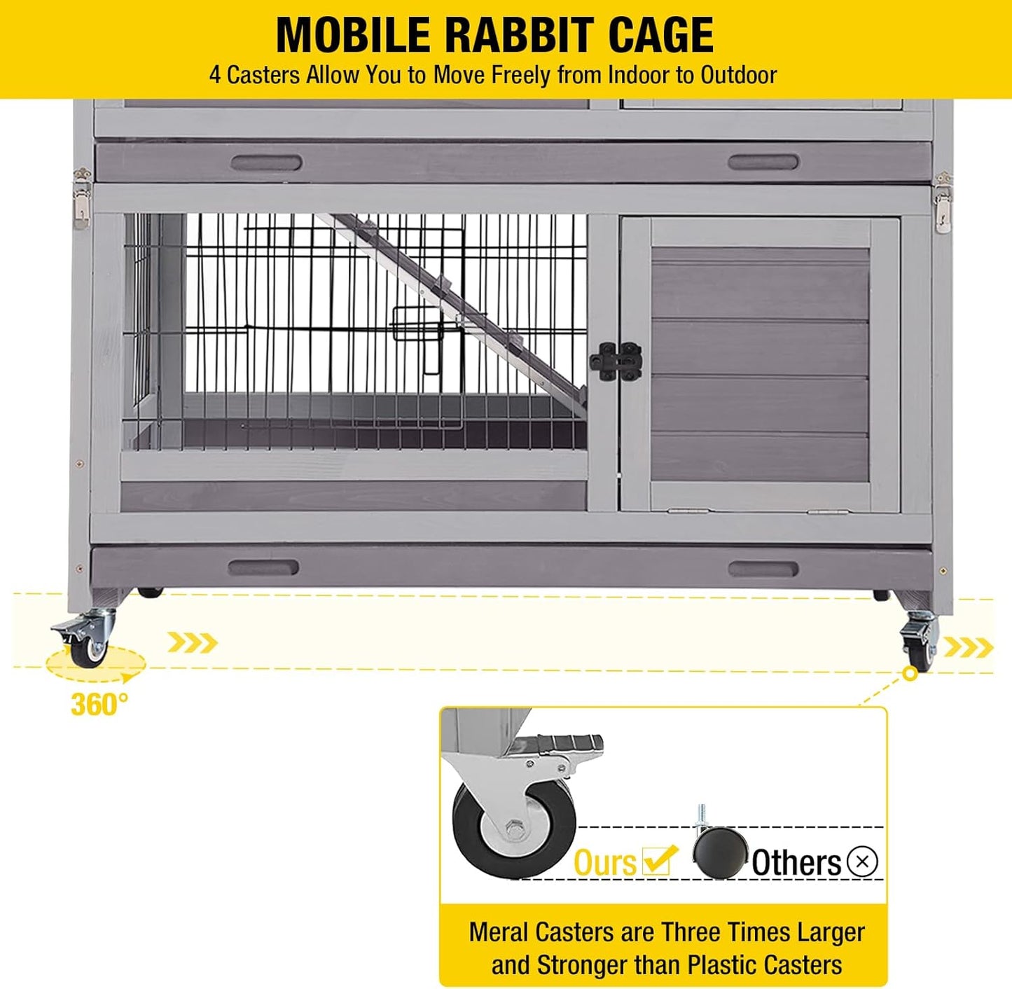 Aivituvin Large Rabbit Hutch Indoor and Outdoor Folding Bunny Cage on Wheels Guinea Pig Cage with Deep No Leak Pull Out Tray,Upgrade Version (Light Gray)