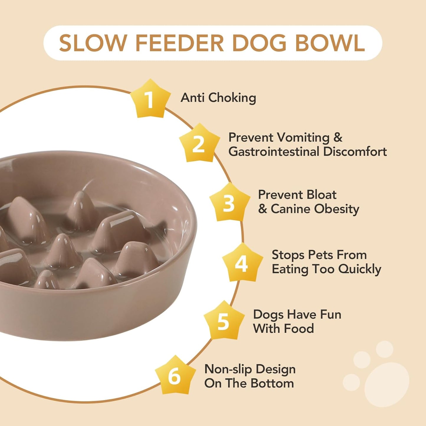 Ceramic Raised Slow Feeder Dog Bowl Set, Elevated 6.1inch Bowl and 7.3inch Slow Pet Food Dish with Wooden Stand for Small and Medium Dog (2 x Brown Coffee+ Stand)