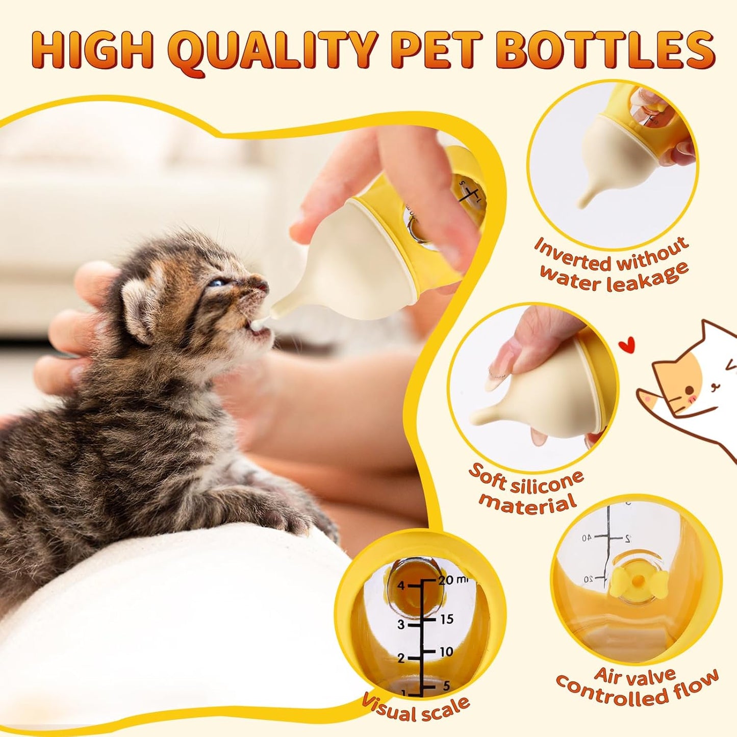 Kitten Bottle Feeding Kit for Nursing, Silicone Nipple Anti-Choking Puppy Bottle, YITOBA Small Clear Scale Puppy Feeder for Nursing Newborn Cats Dogs Pets (20ml)